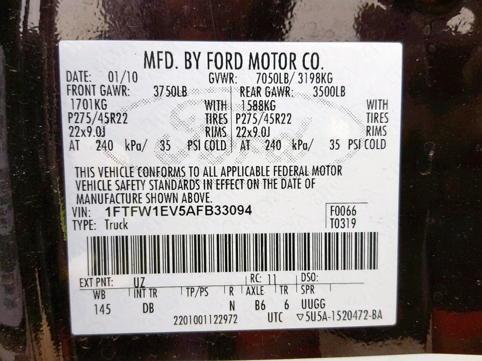 Photo 10 from auction – 2010 FORD F150 SUPER with VIN 1FTFW1EV5AFB33094