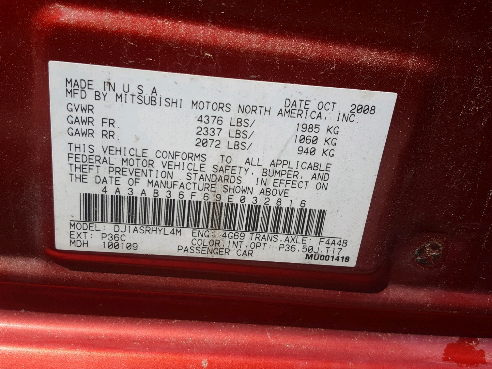 Photo 10 from auction – 2009 MITSUBISHI GALANT ES with VIN 4A3AB36F69E032816