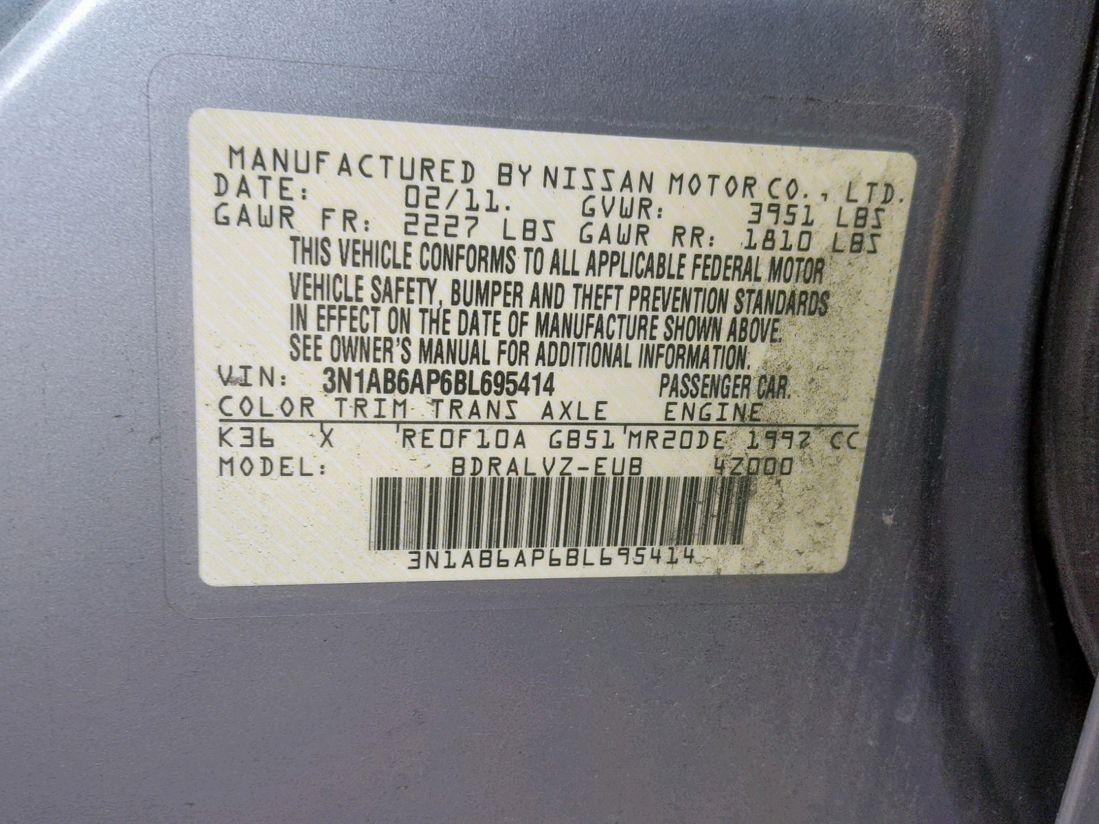 Photo 10 from auction – 2011 NISSAN SENTRA 2.0 with VIN 3N1AB6AP6BL695414