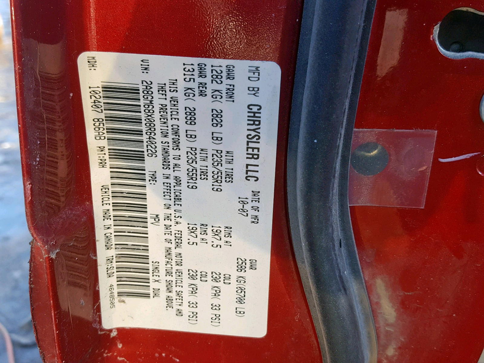 Photo 10 from auction – 2008 CHRYSLER PACIFICA T with VIN 2A8GM68X08R640226