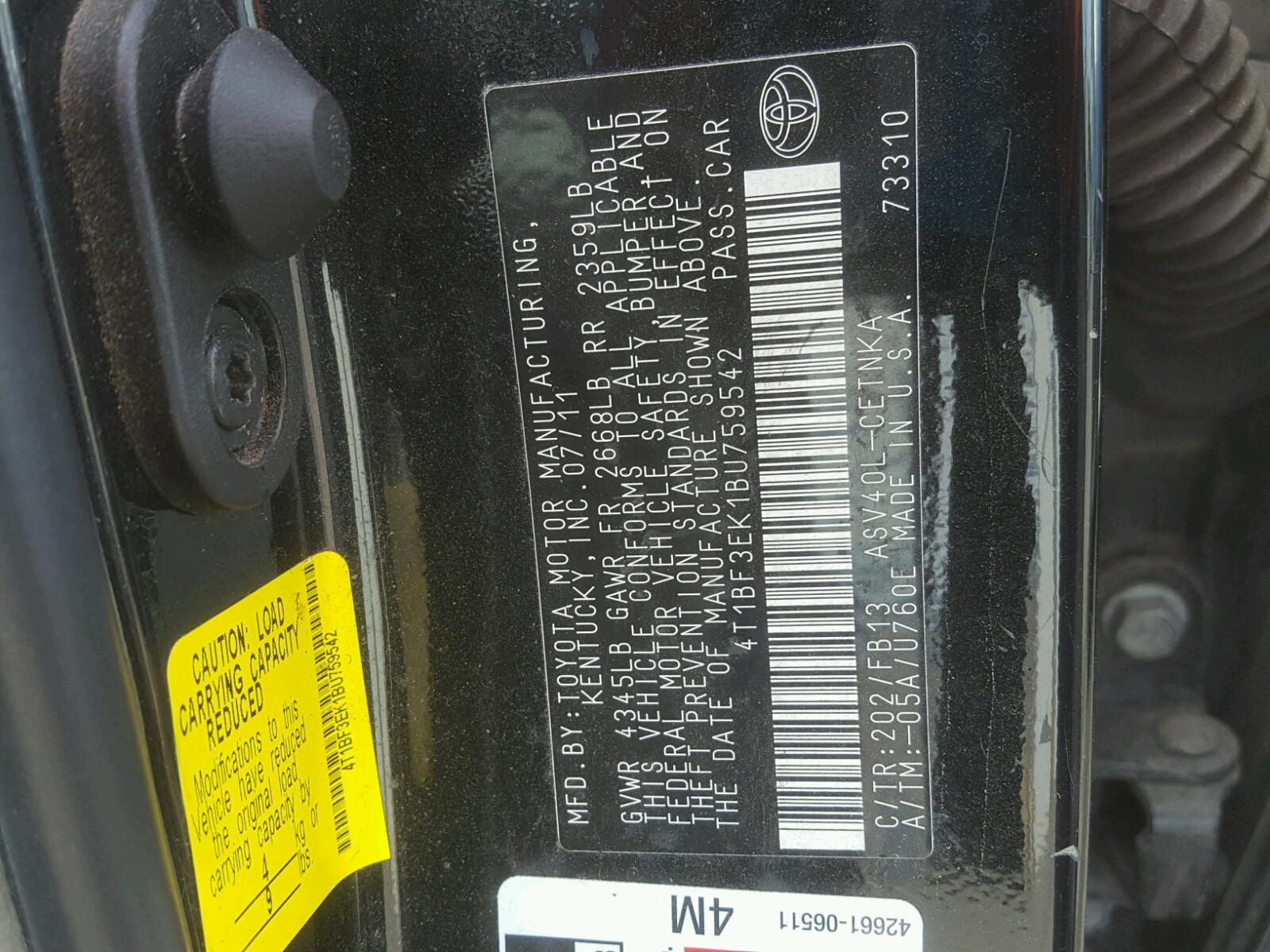 Photo 10 from auction – 2011 TOYOTA CAMRY BASE with VIN 4T1BF3EK1BU759542