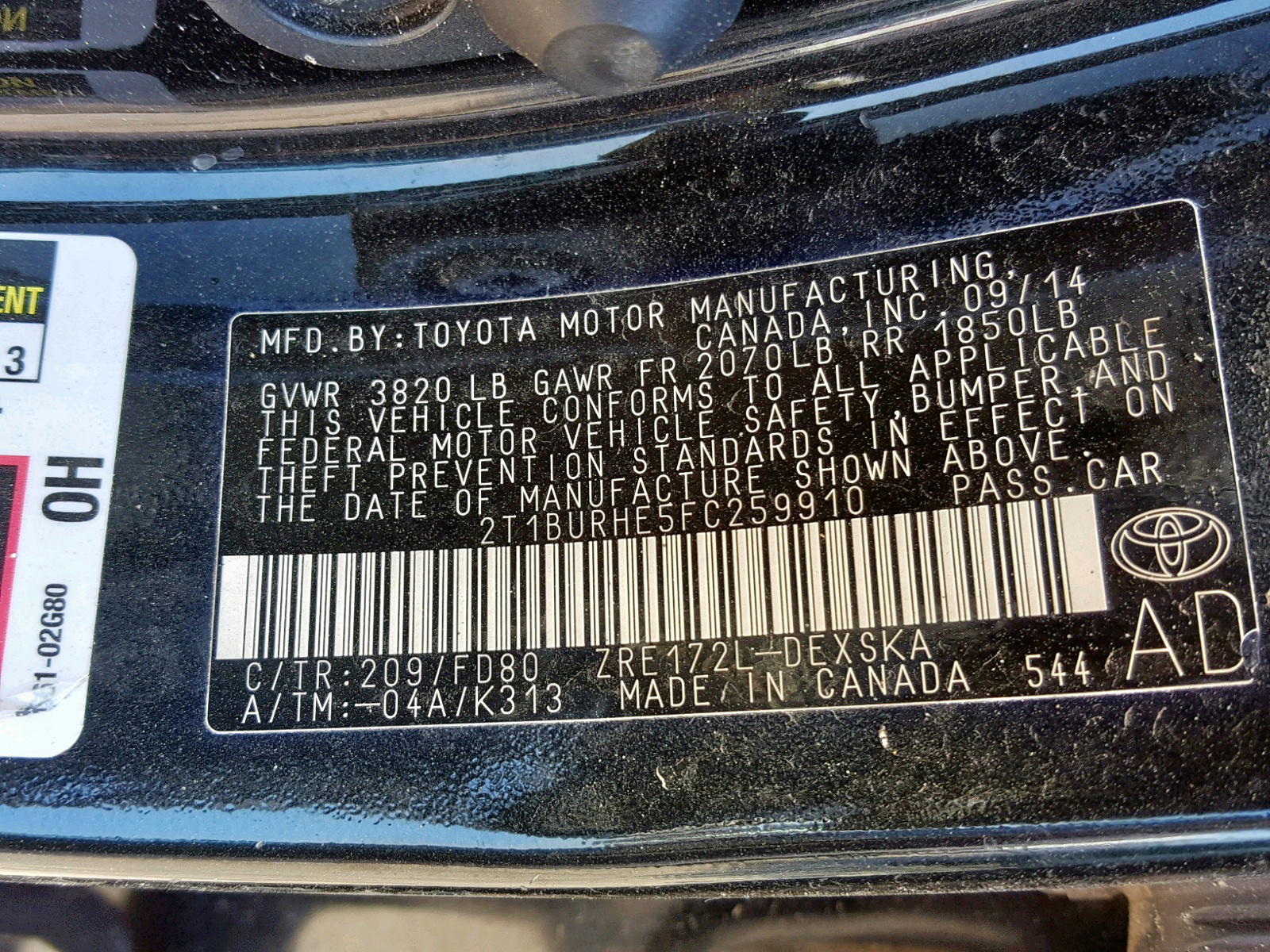 Photo 10 from auction – 2015 TOYOTA COROLLA L with VIN 2T1BURHE5FC259910