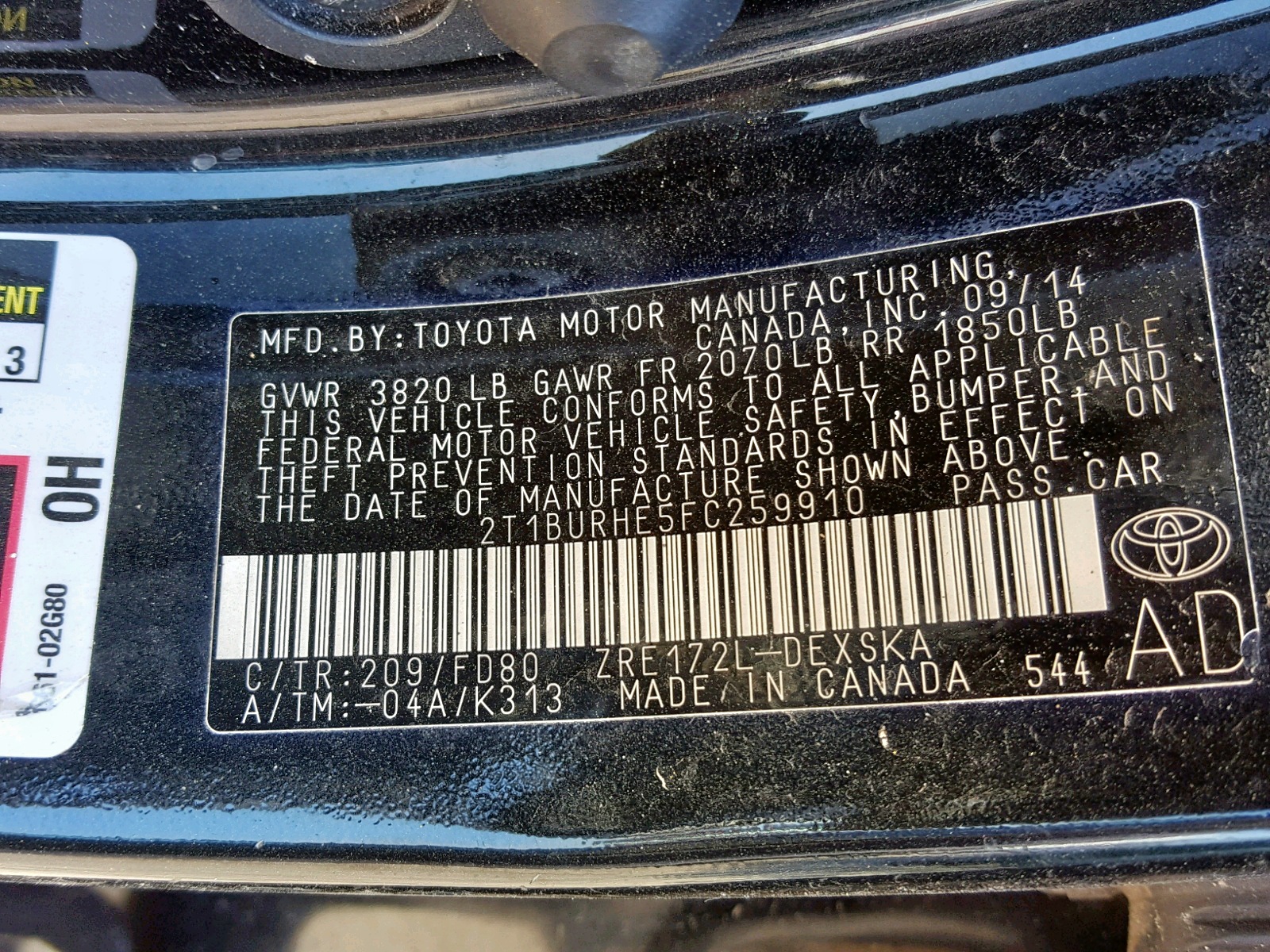 Zdjęcie 10 z aukcji – 2015 TOYOTA COROLLA L z VIN 2T1BURHE5FC259910
