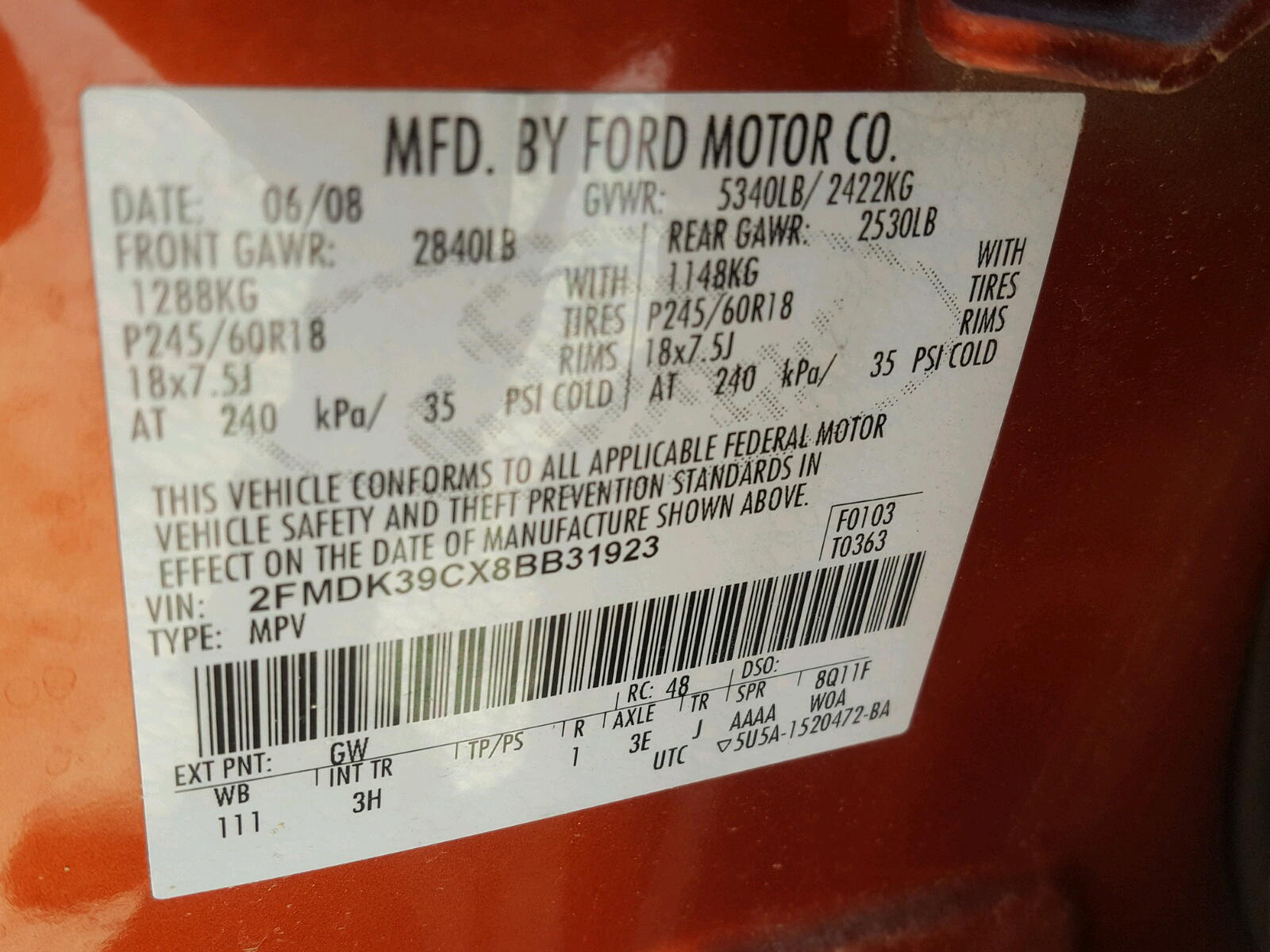 Photo 10 from auction – 2008 FORD EDGE LIMIT with VIN 2FMDK39CX8BB31923