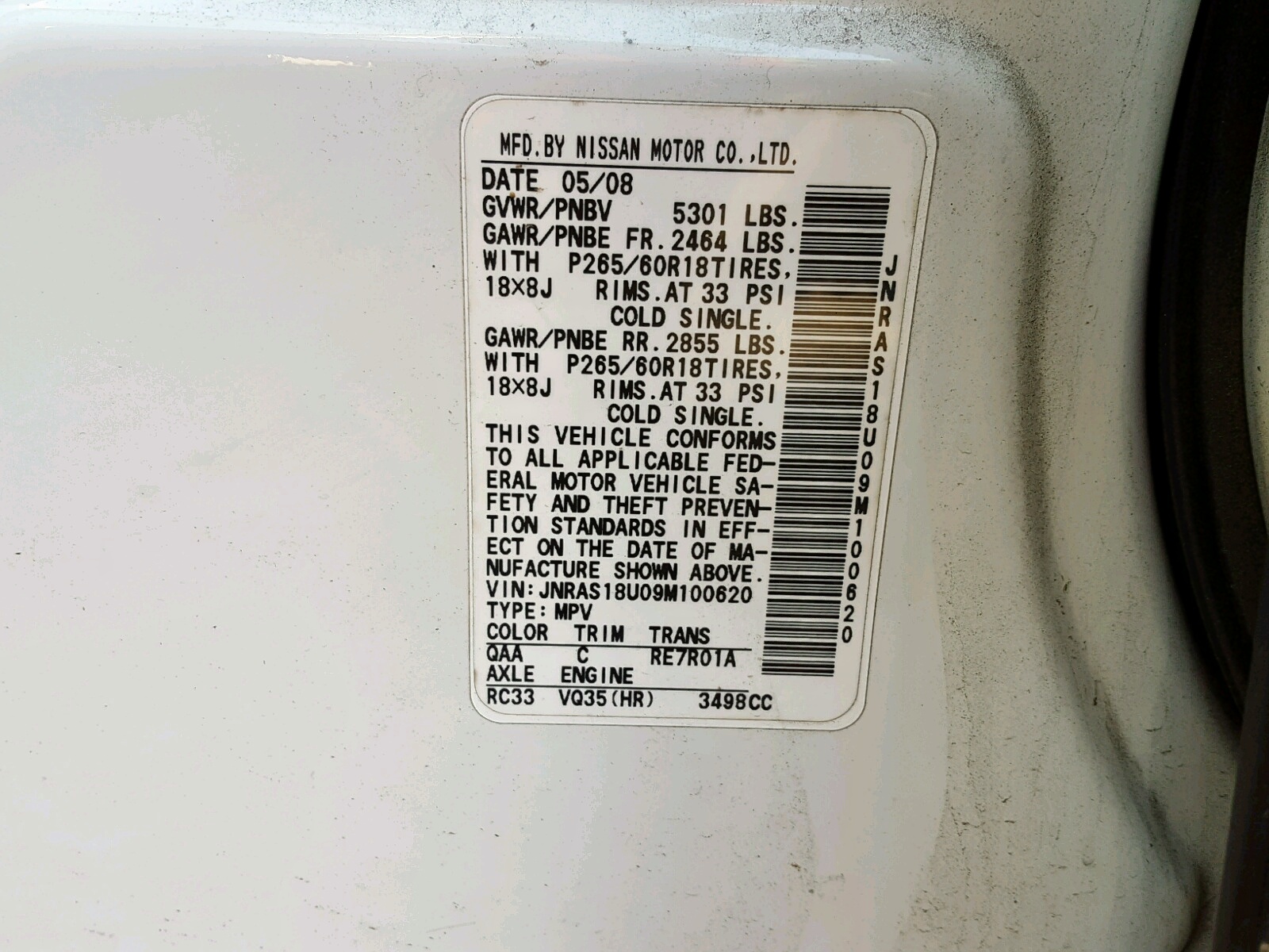 Photo 10 from auction – 2009 INFINITI FX35 with VIN JNRAS18U09M100620