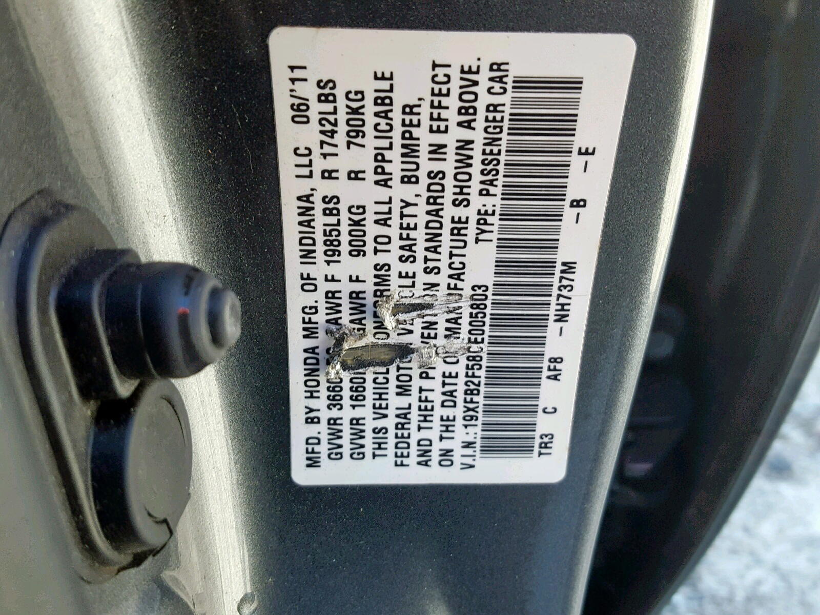 Photo 10 from auction – 2012 HONDA CIVIC LX with VIN 19XFB2F58CE005803