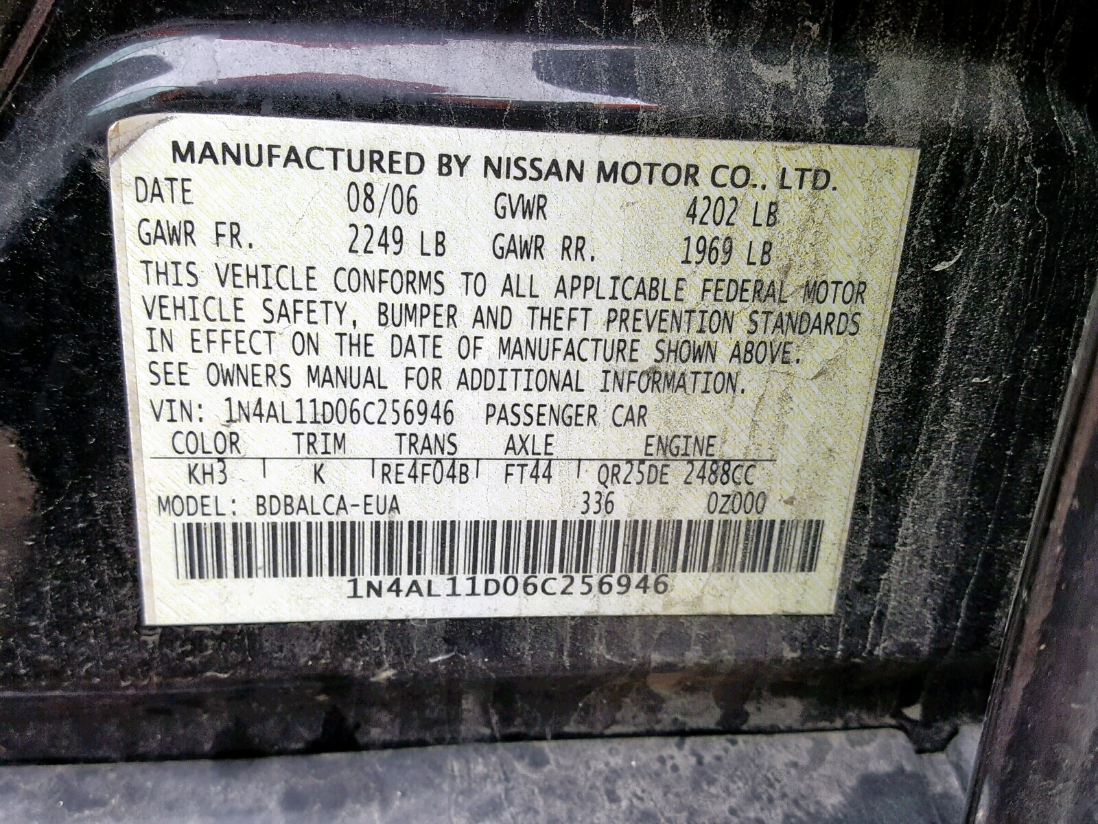 Photo 10 from auction – 2006 NISSAN ALTIMA S with VIN 1N4AL11D06C256946
