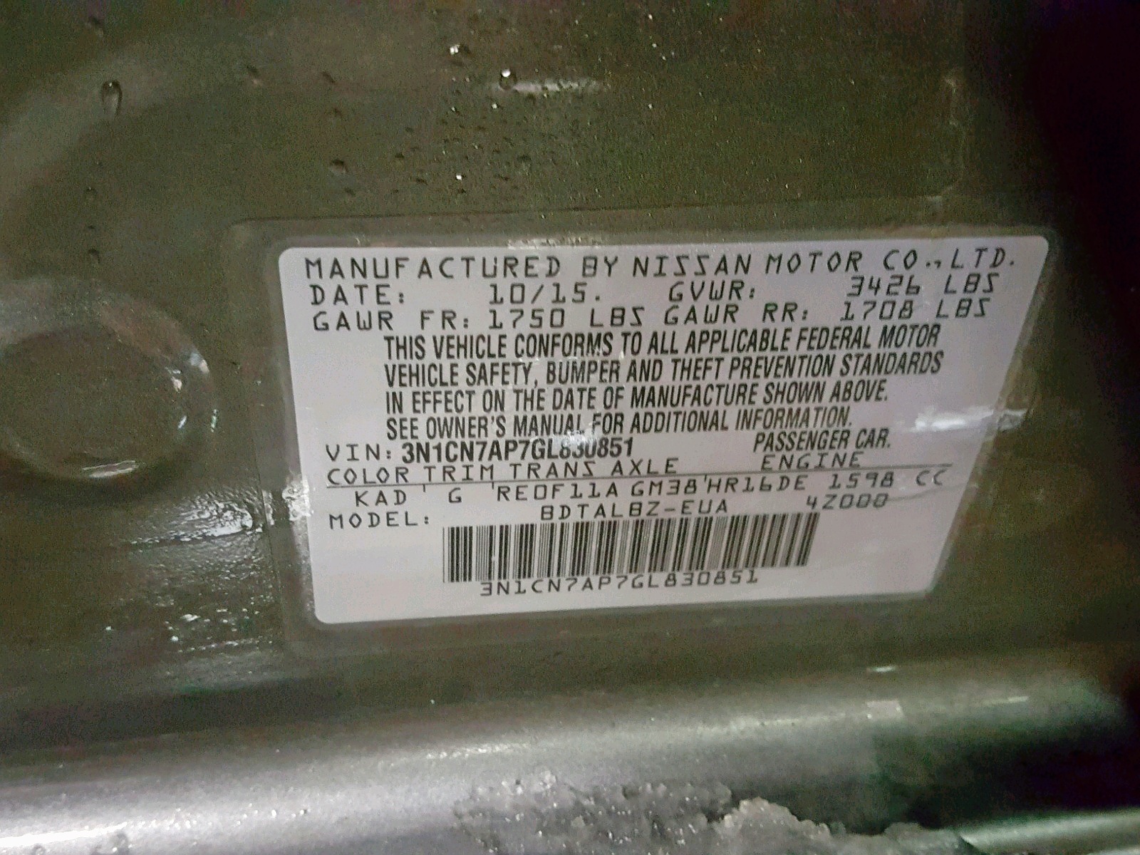 Photo 10 from auction – 2016 NISSAN VERSA S with VIN 3N1CN7AP7GL830851