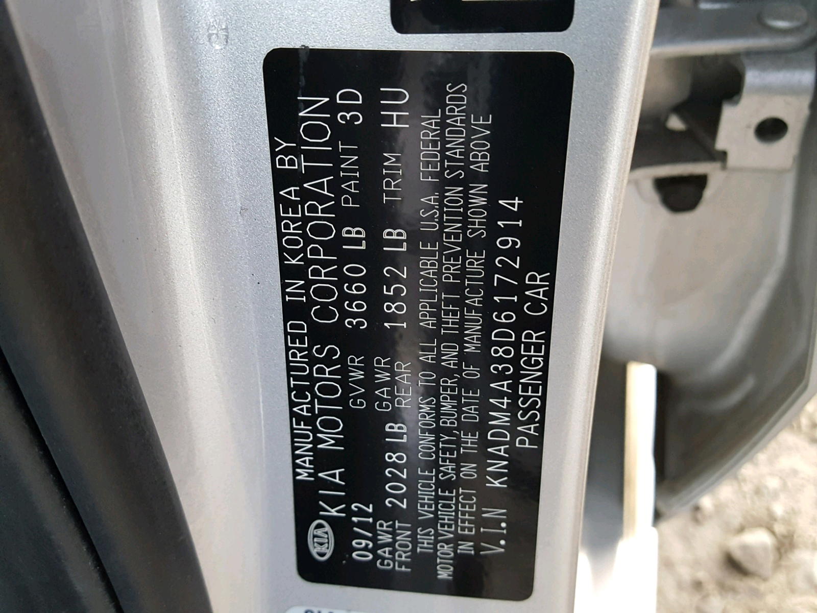 Photo 10 from auction – 2013 KIA RIO LX with VIN KNADM4A38D6172914