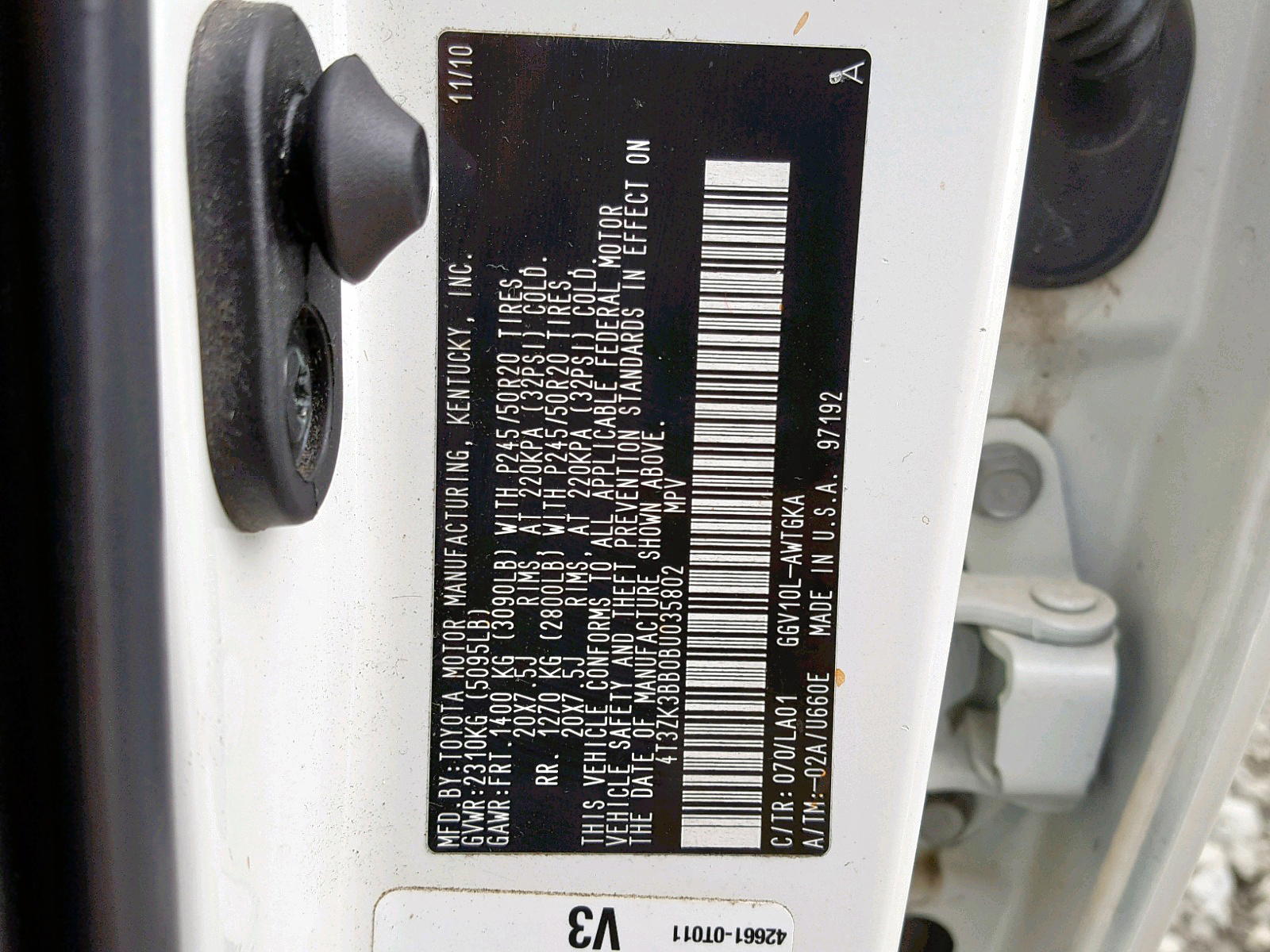 Photo 10 from auction – 2011 TOYOTA VENZA BASE with VIN 4T3ZK3BB0BU035802