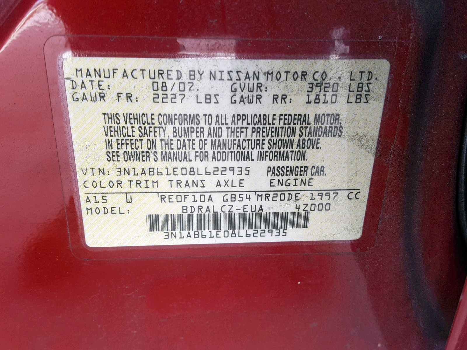 Photo 10 from auction – 2008 NISSAN SENTRA 2.0 with VIN 3N1AB61E08L622935