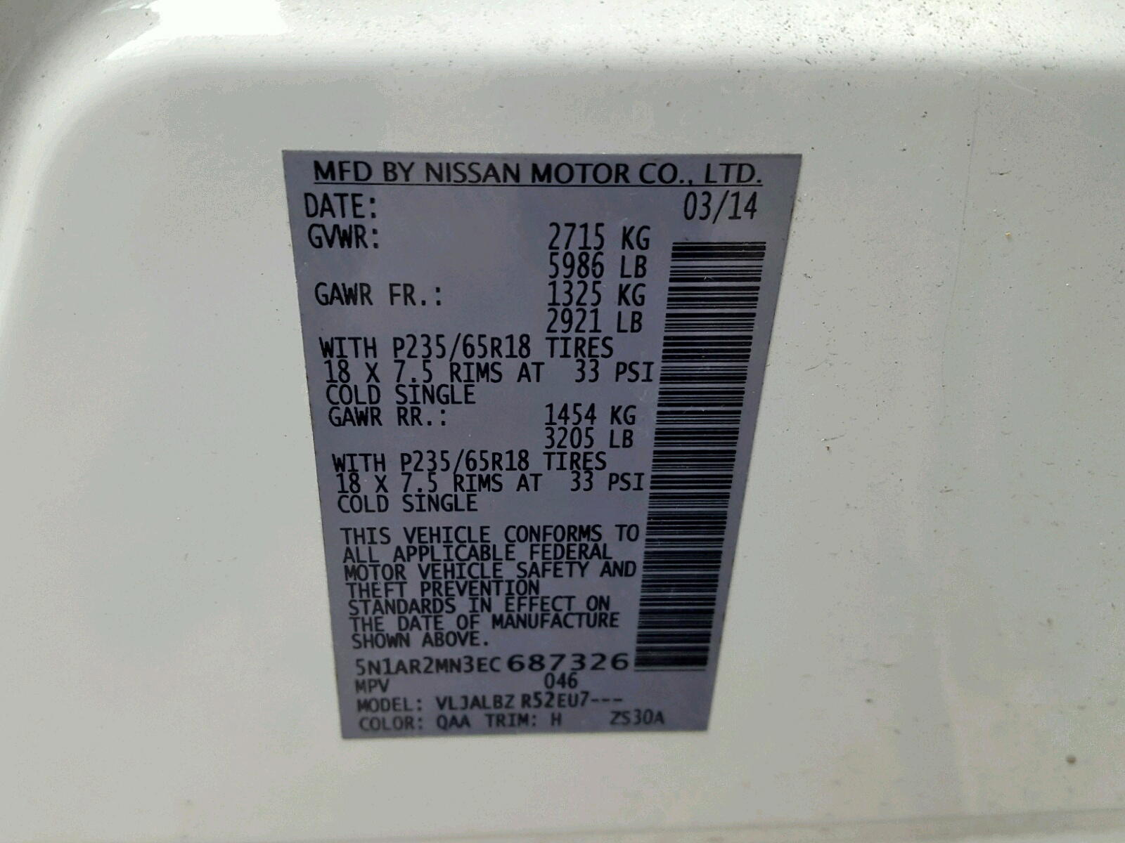 Photo 10 from auction – 2014 NISSAN PATHFINDER with VIN 5N1AR2MN3EC687326