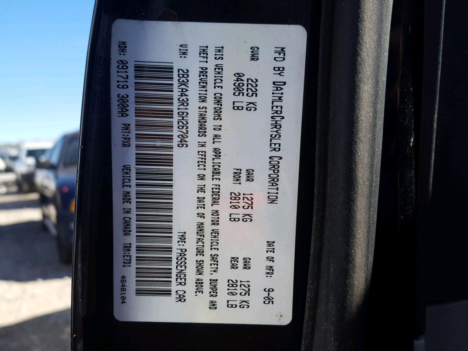 Photo 10 from auction – 2006 DODGE CHARGER SE with VIN 2B3KA43R16H267046