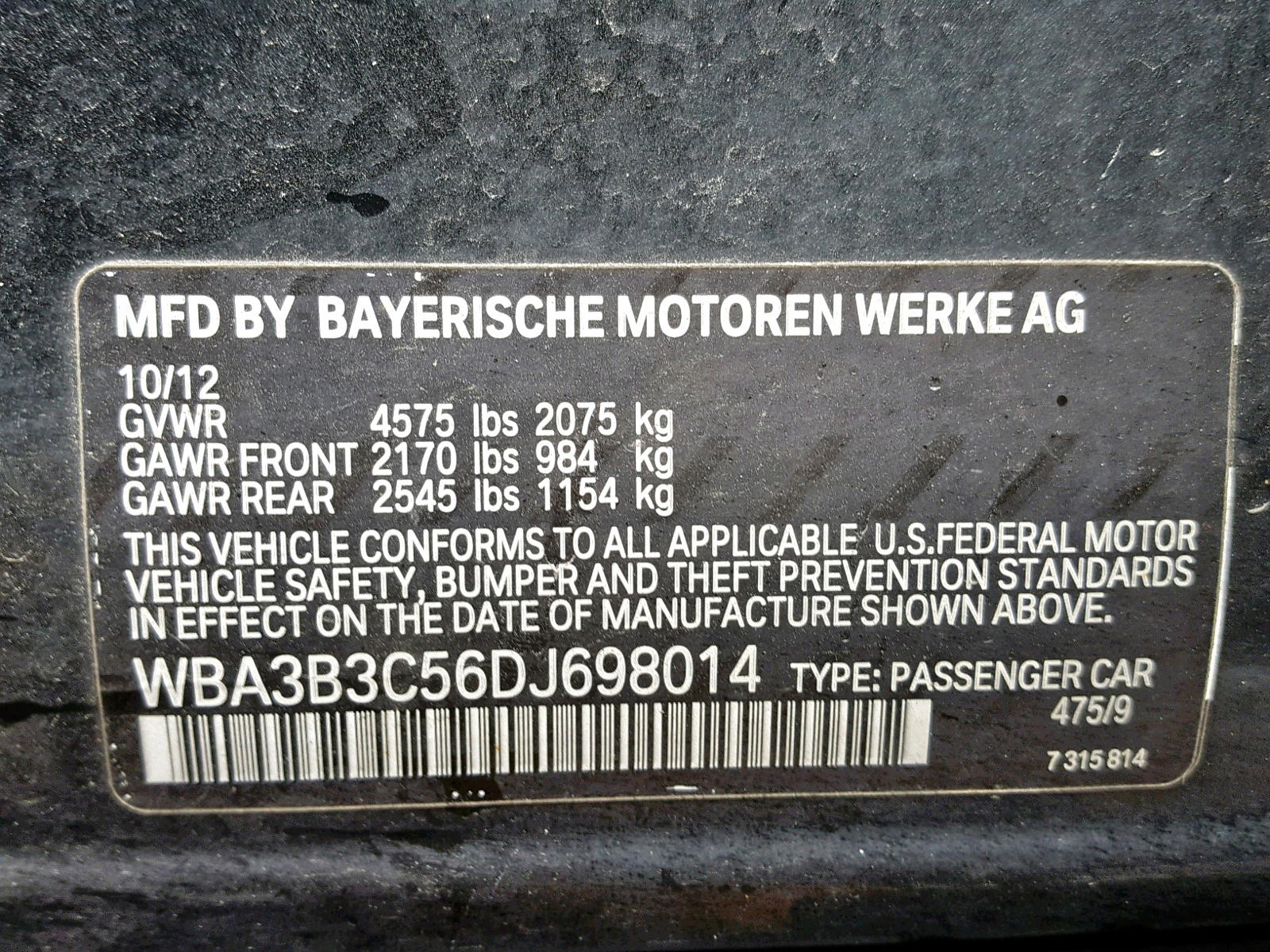 Photo 10 from auction – 2013 BMW 328 XI with VIN WBA3B3C56DJ698014