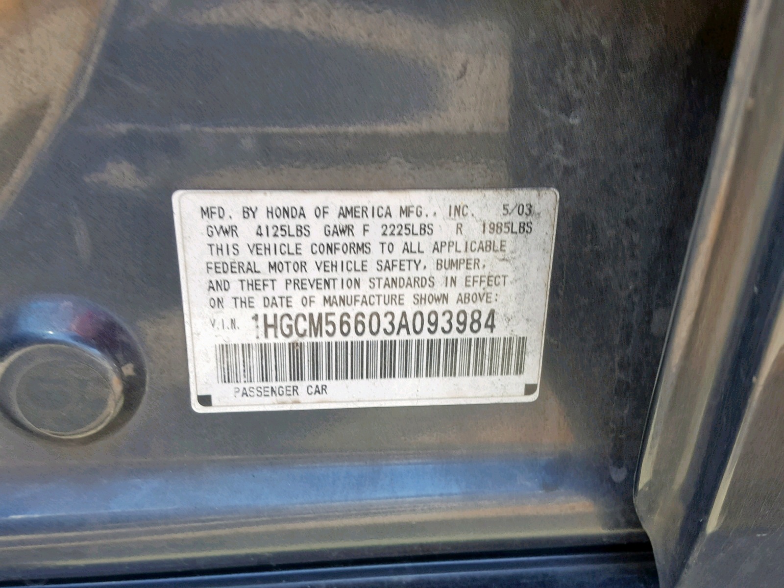 Photo 10 from auction – 2003 HONDA ACCORD EX with VIN 1HGCM56603A093984