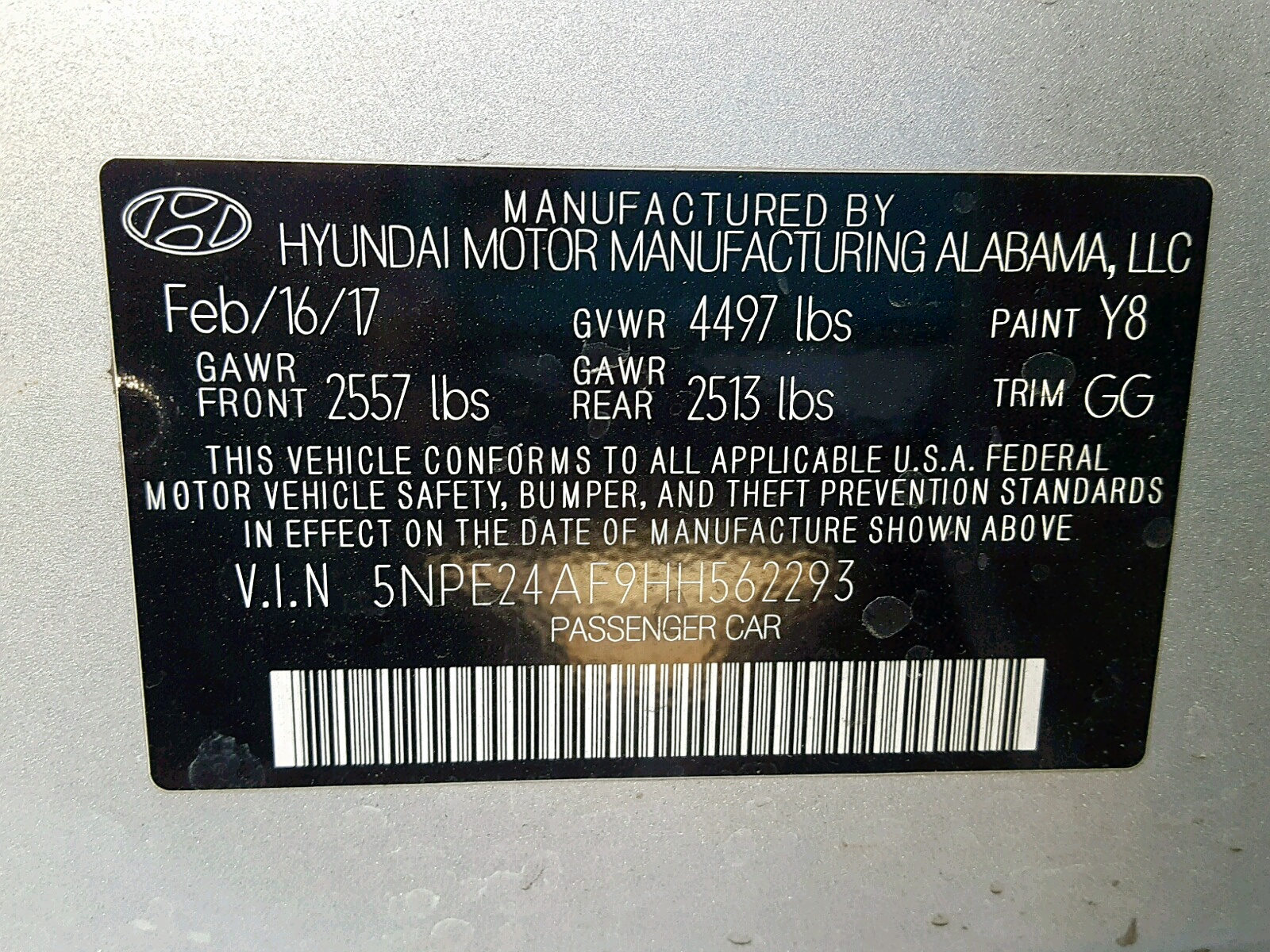 Photo 10 from auction – 2017 HYUNDAI SONATA SE with VIN 5NPE24AF9HH562293