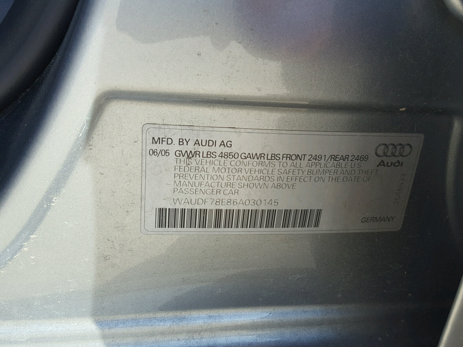 صورة رقم 10 من المزاد - 2006 AUDI A4 2.0T QU مع VIN WAUDF78E86A030145