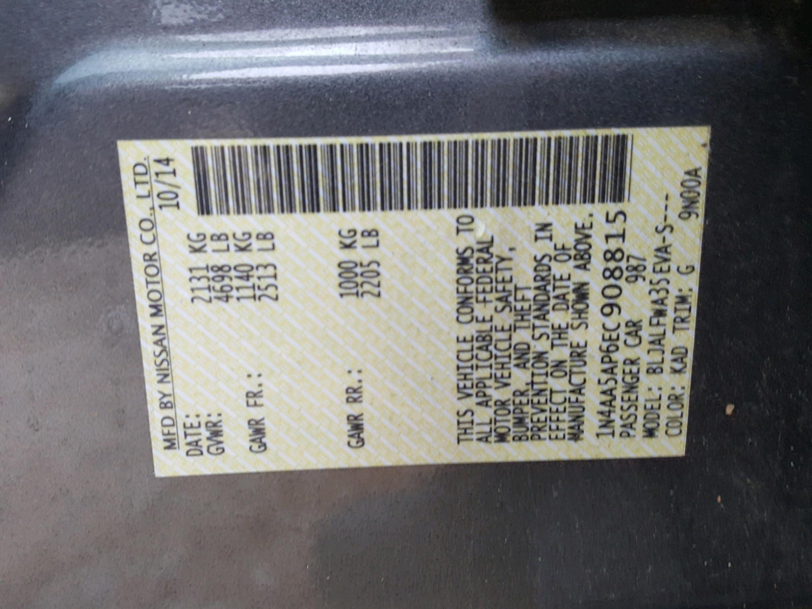 Photo 10 from auction – 2014 NISSAN MAXIMA S with VIN 1N4AA5AP6EC908815