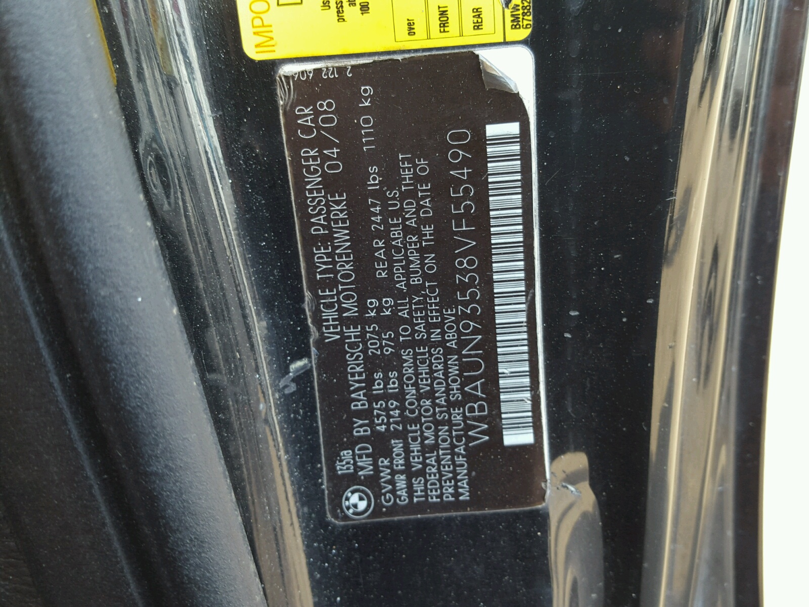 Photo 10 from auction – 2008 BMW 135 I with VIN WBAUN93538VF55490