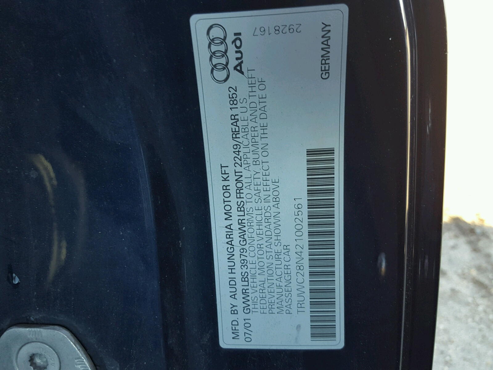 Photo 10 from auction – 2002 AUDI TT QUATTRO with VIN TRUWC28N421002561