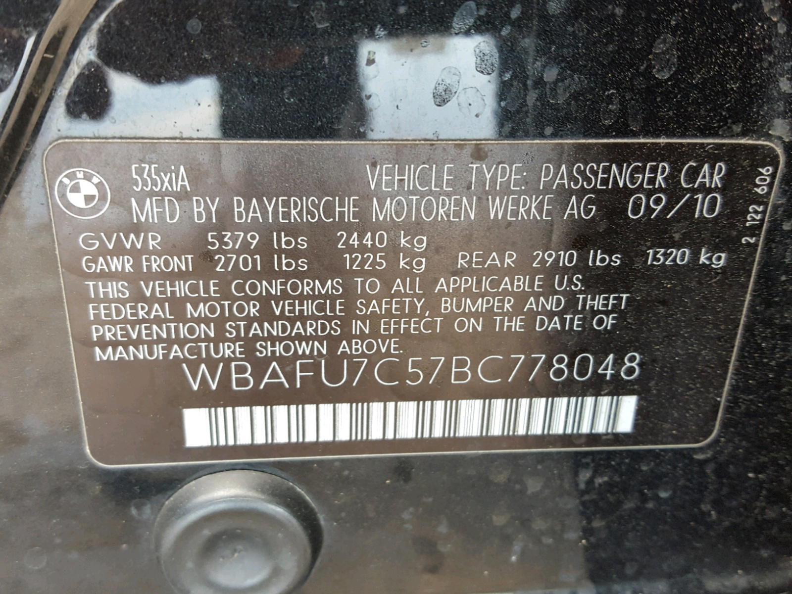 Photo 10 from auction – 2011 BMW 535 XI with VIN WBAFU7C57BC778048