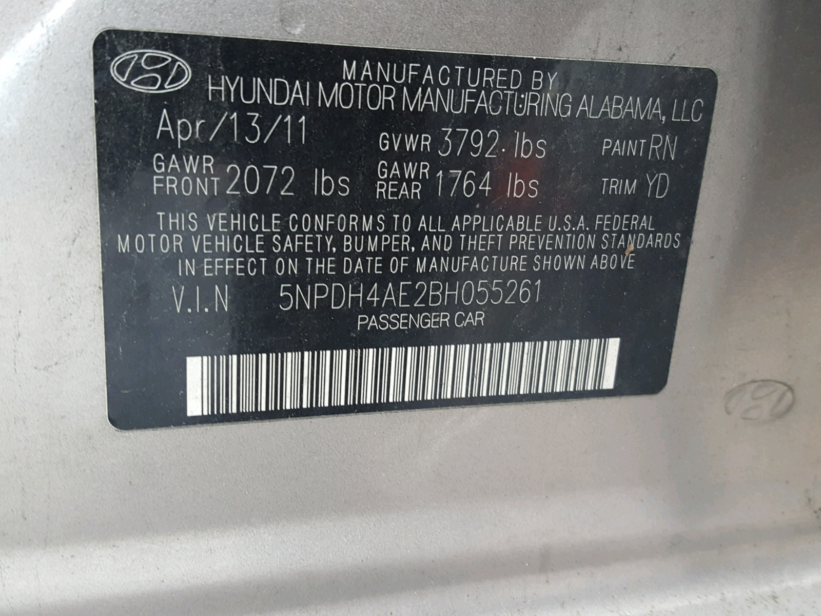 Photo 10 from auction – 2011 HYUNDAI ELANTRA GL with VIN 5NPDH4AE2BH055261