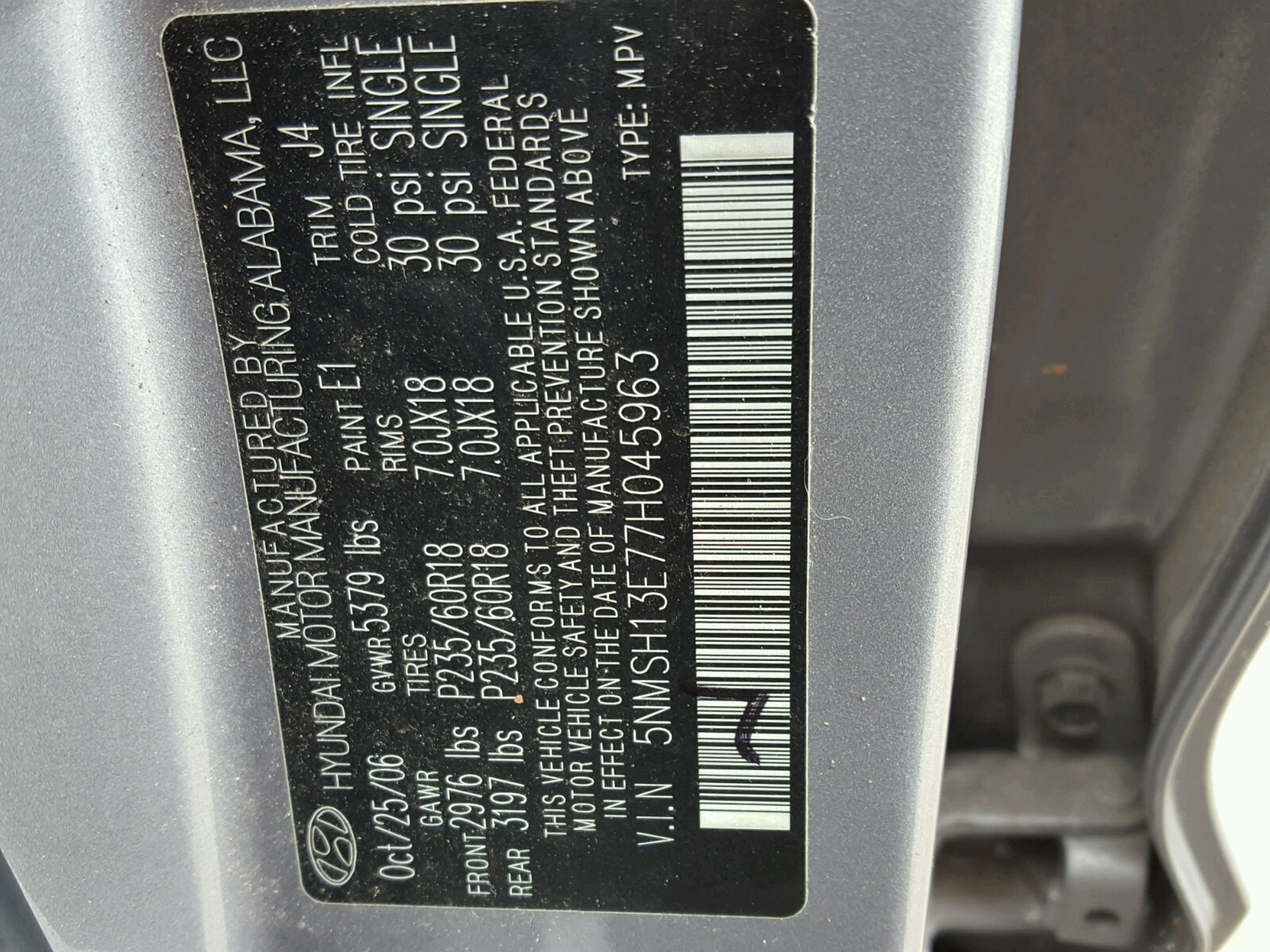 Photo 16 from auction – 2007 HYUNDAI SANTA FE S with VIN 5NMSH13E77H045963