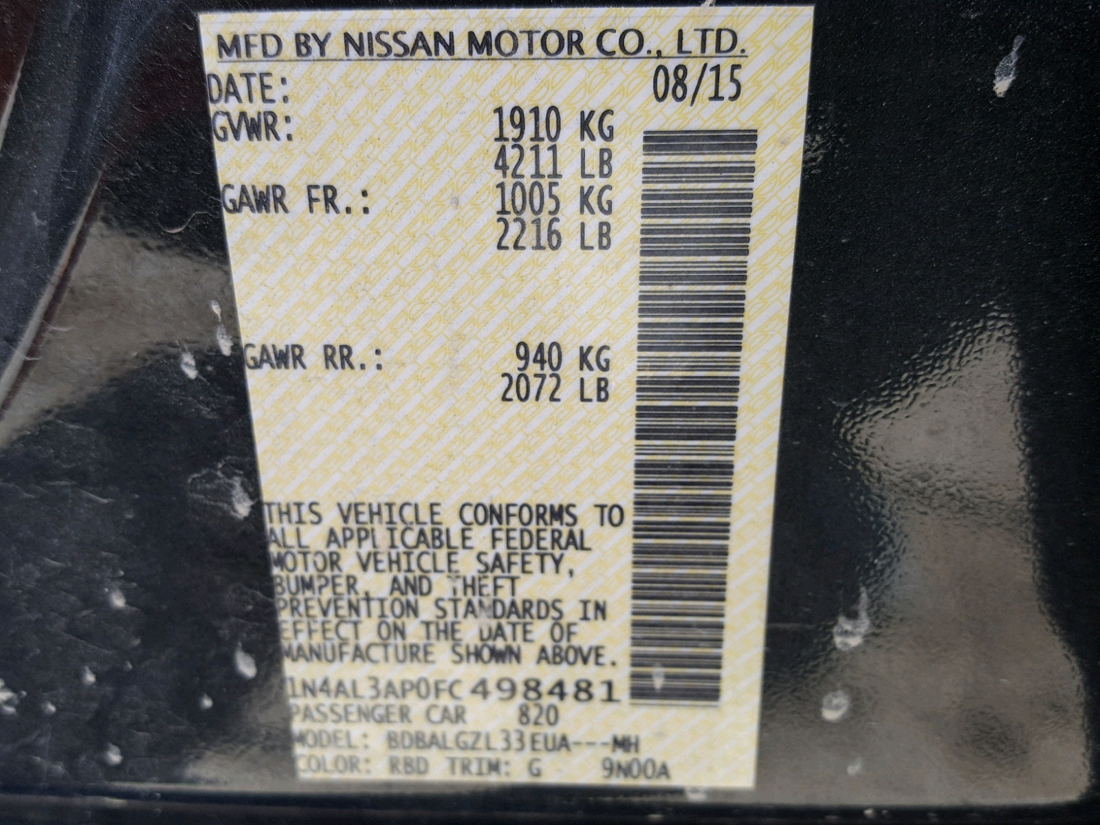 Photo 10 from auction – 2015 NISSAN ALTIMA 2.5 with VIN 1N4AL3AP0FC498481