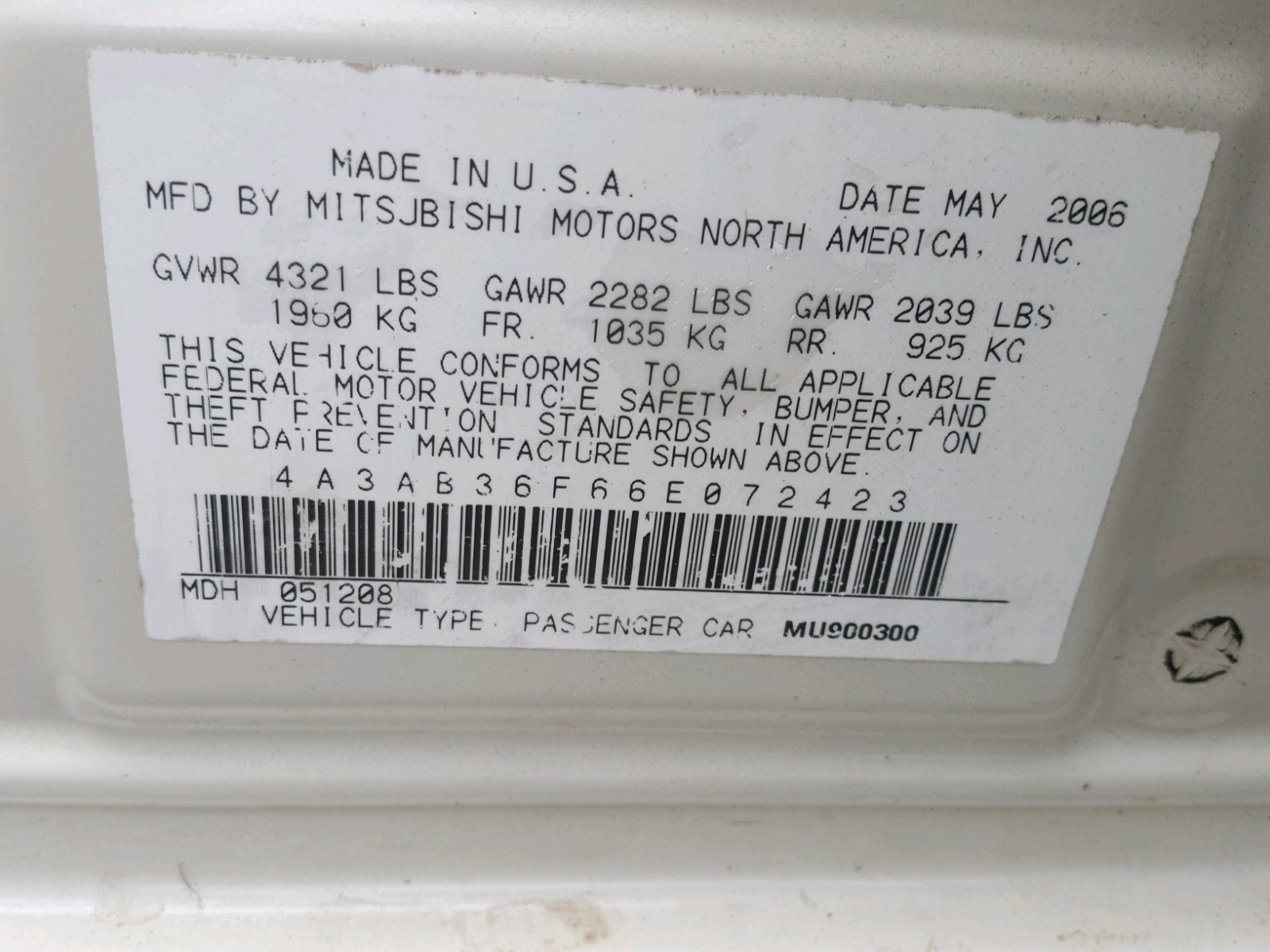 Photo 10 from auction – 2006 MITSUBISHI GALANT ES with VIN 4A3AB36F66E072423