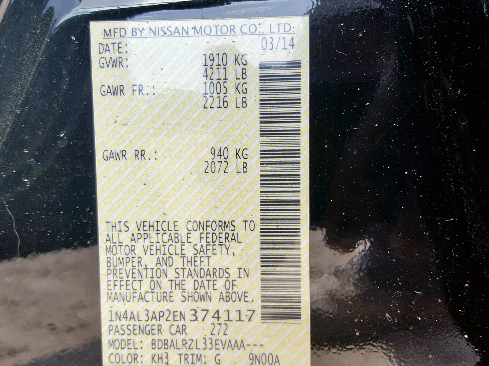 Photo 10 from auction – 2014 NISSAN ALTIMA 2.5 with VIN 1N4AL3AP2EN374117