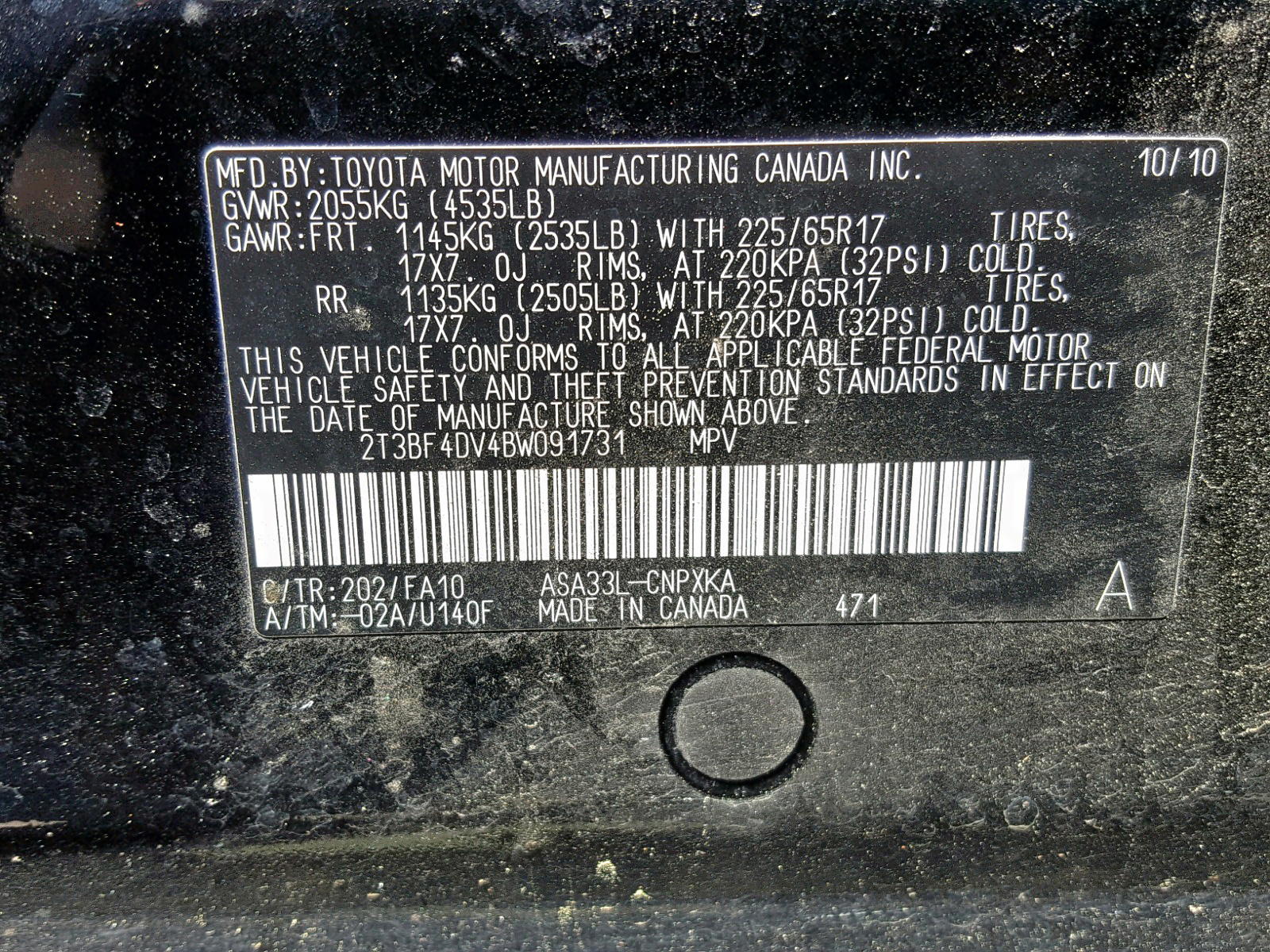Photo 10 from auction – 2011 TOYOTA RAV4 with VIN 2T3BF4DV4BW091731