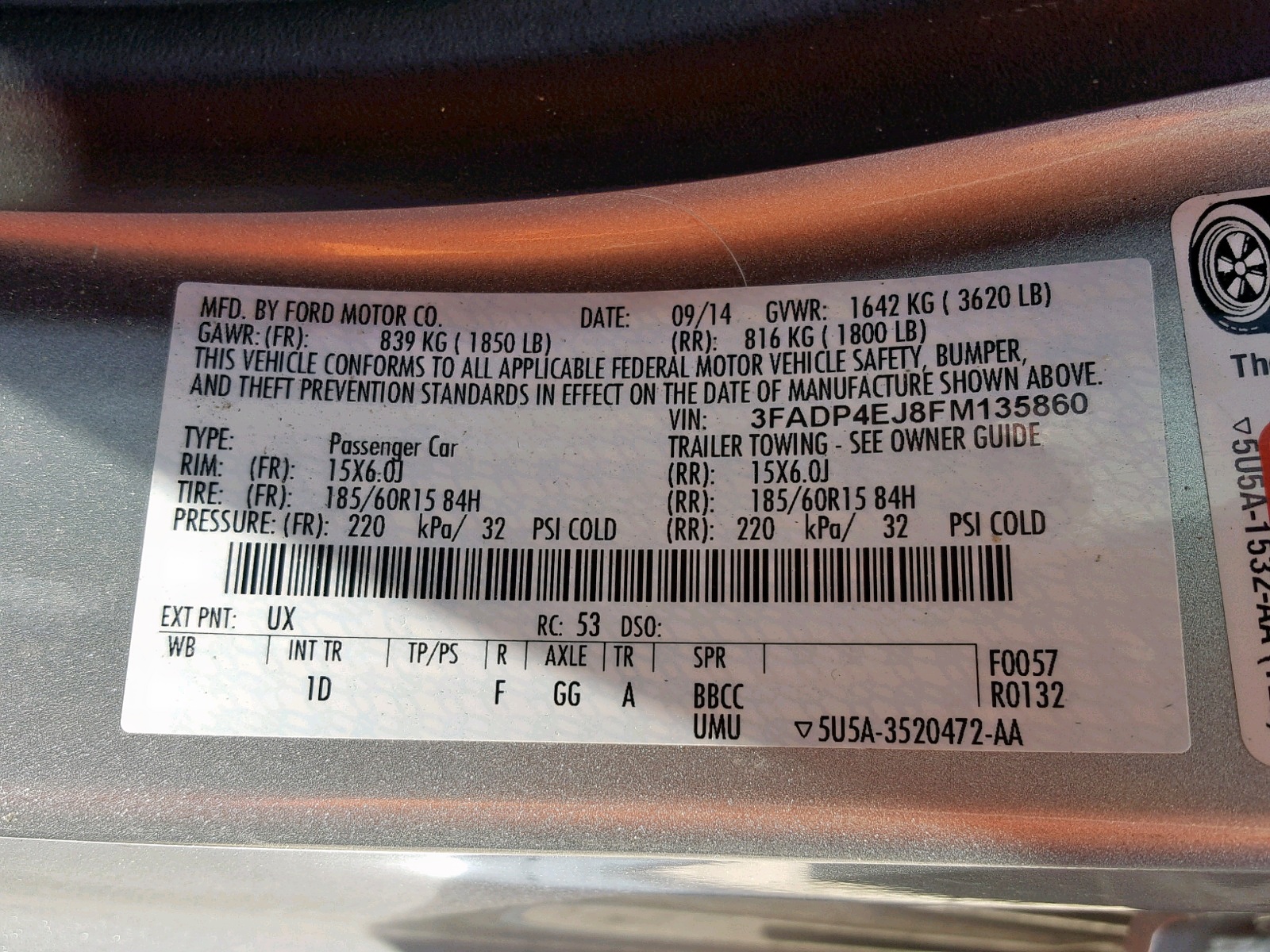 Photo 10 from auction – 2015 FORD FIESTA SE with VIN 3FADP4EJ8FM135860