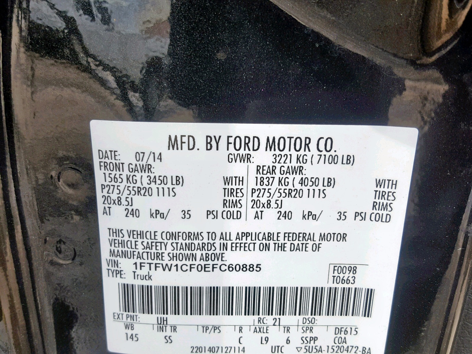 Photo 10 from auction – 2014 FORD F150 SUPER with VIN 1FTFW1CF0EFC60885