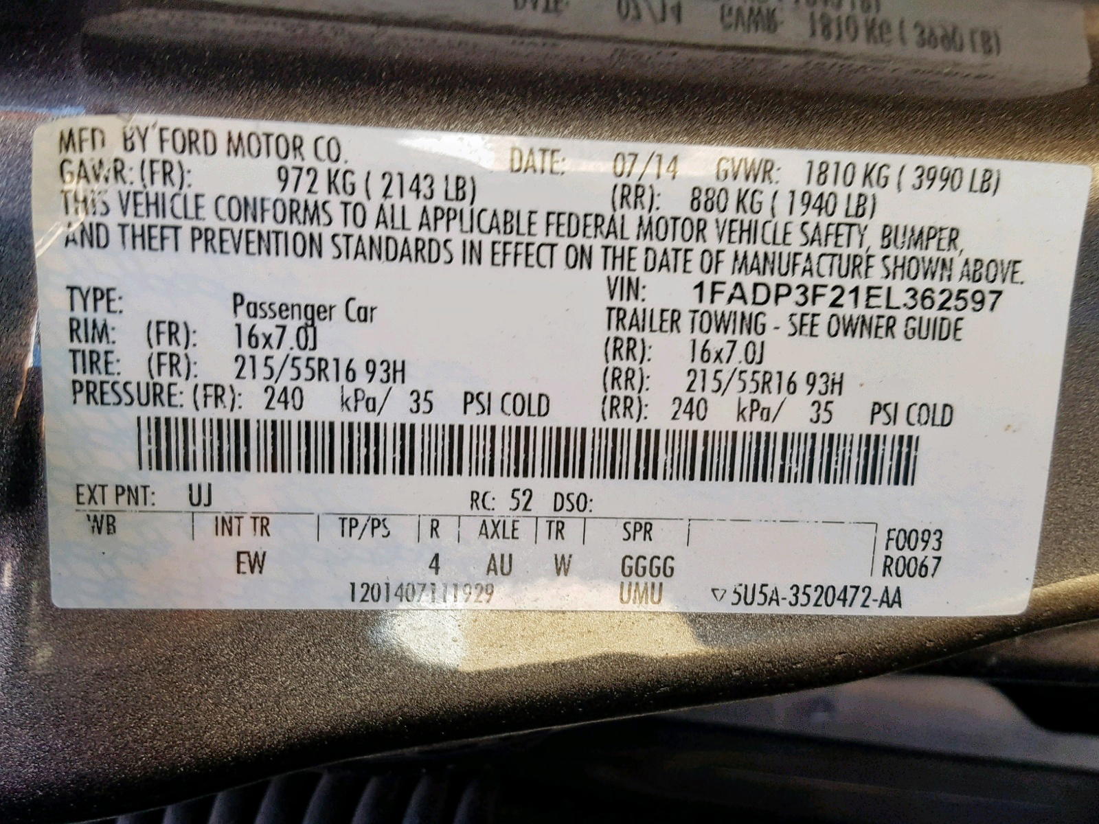 Photo 10 from auction – 2014 FORD FOCUS SE with VIN 1FADP3F21EL362597