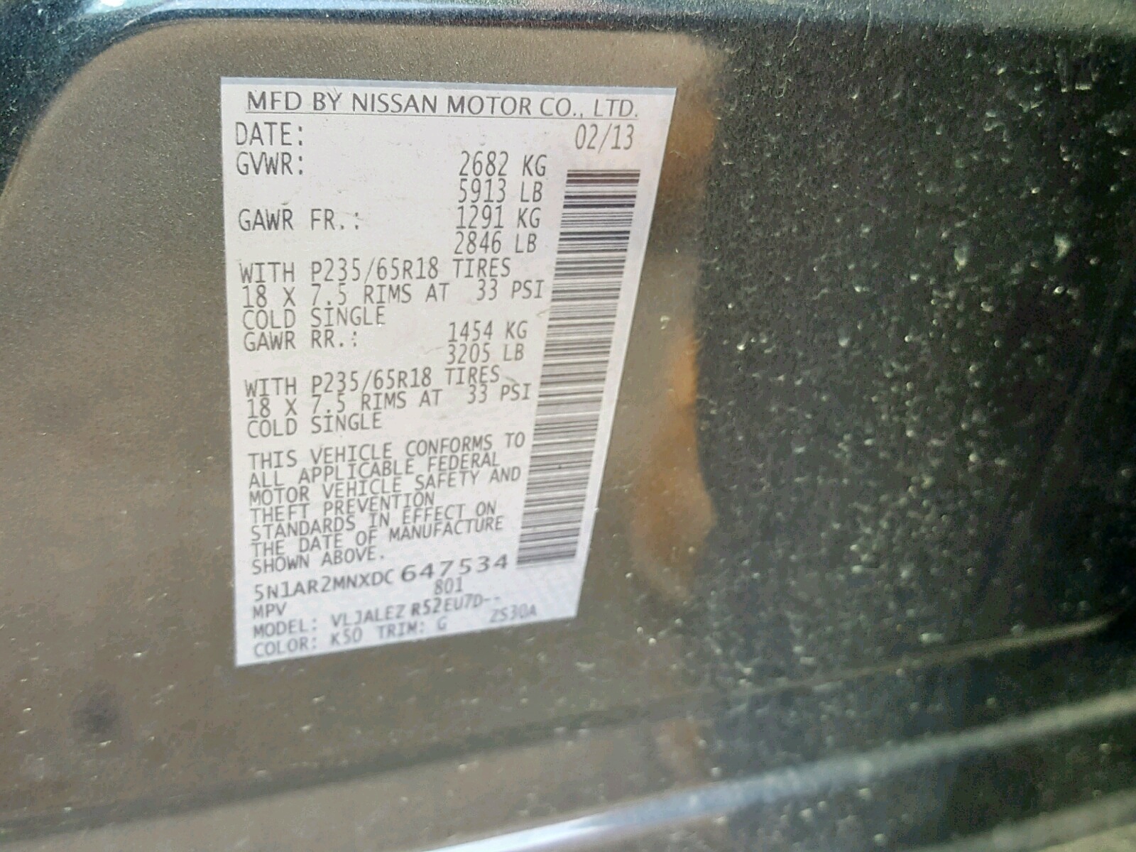 Photo 10 from auction – 2013 NISSAN PATHFINDER with VIN 5N1AR2MNXDC647534