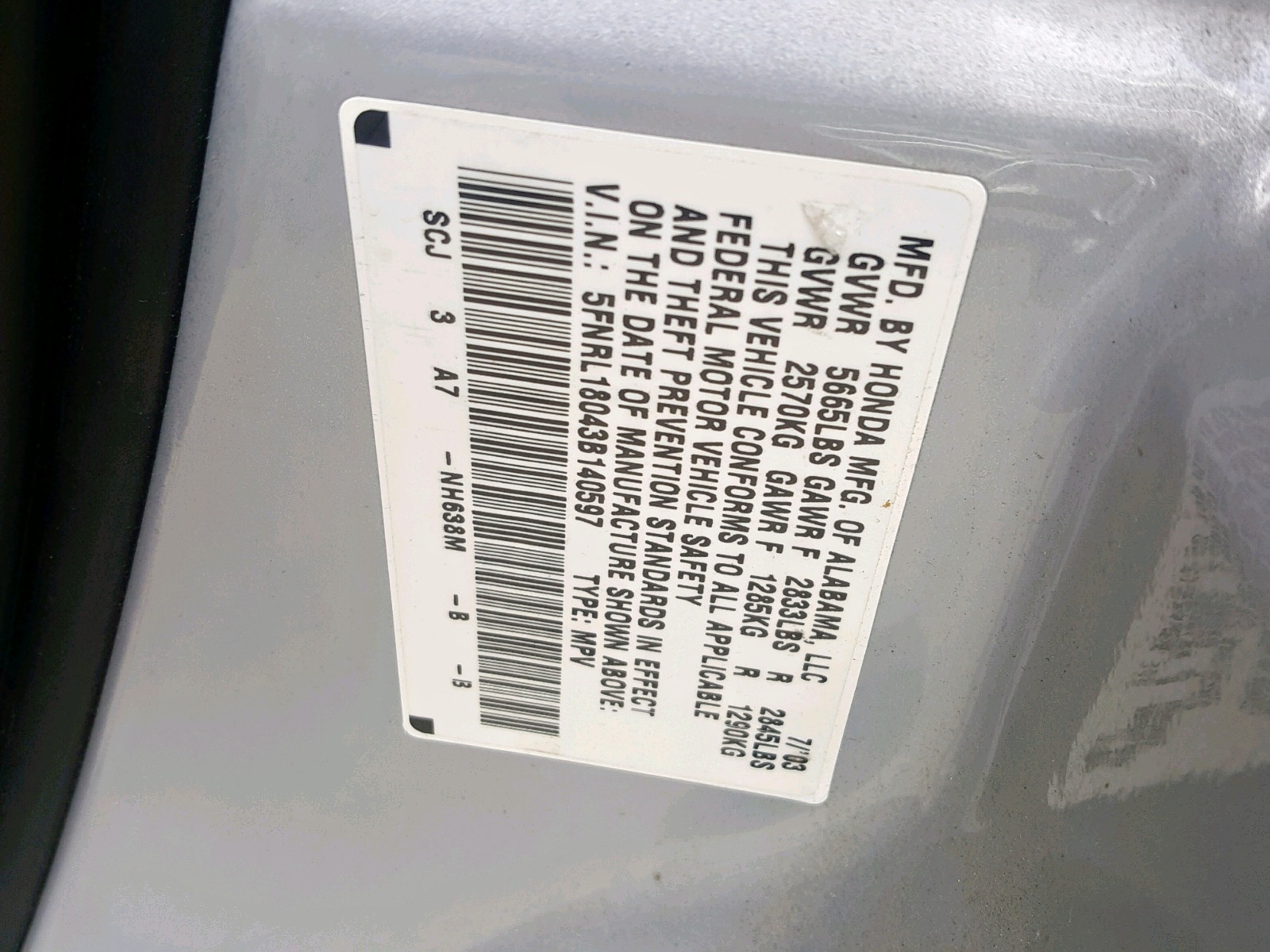 Photo 10 from auction – 2003 HONDA ODYSSEY EX with VIN 5FNRL18043B140597