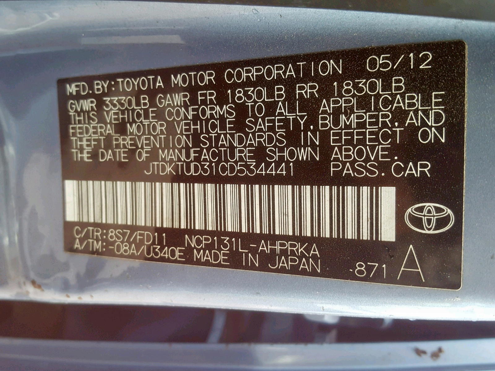 Photo 10 from auction – 2012 TOYOTA YARIS with VIN JTDKTUD31CD534441