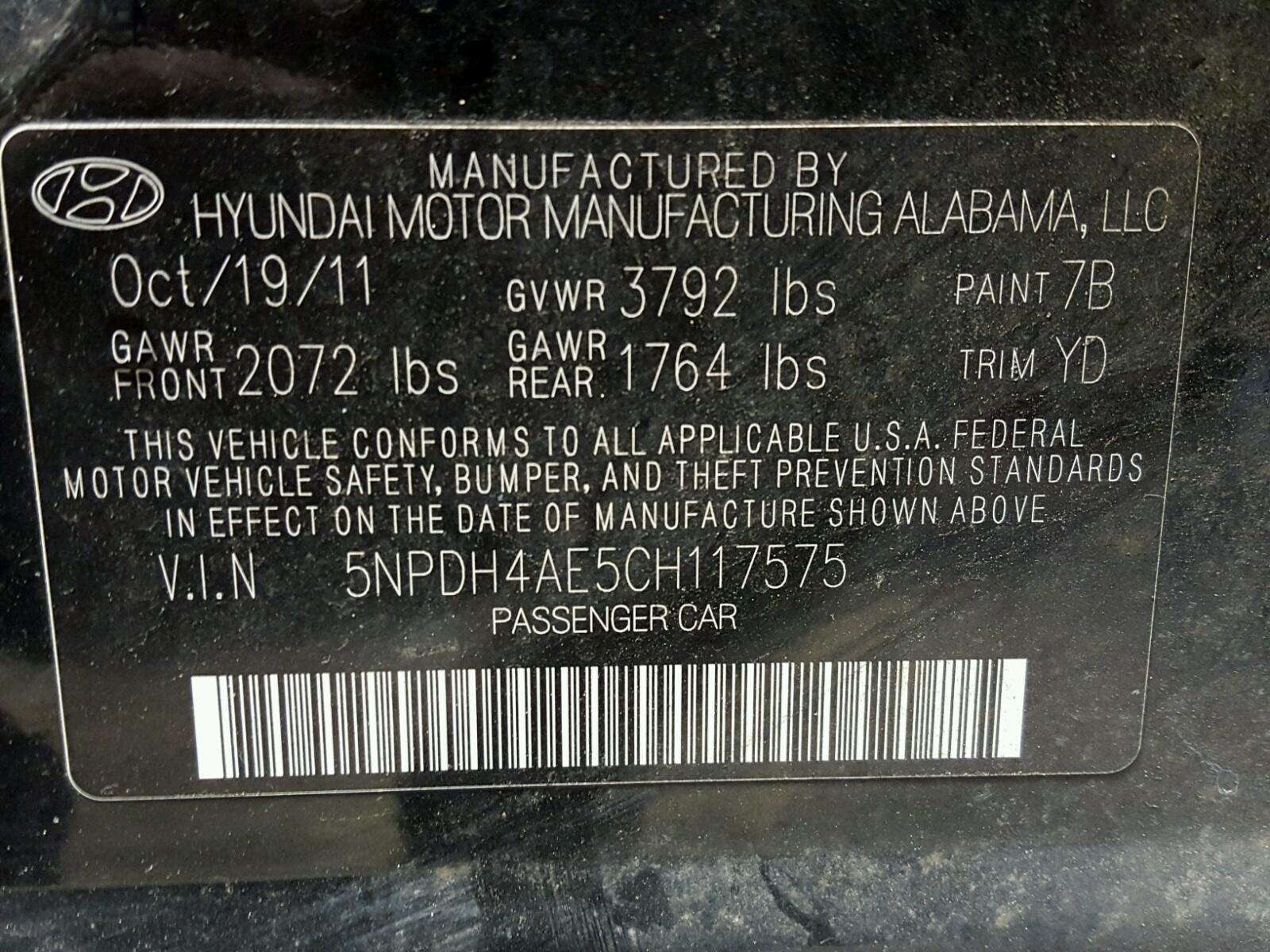 Photo 10 from auction – 2012 HYUNDAI ELANTRA with VIN 5NPDH4AE5CH117575