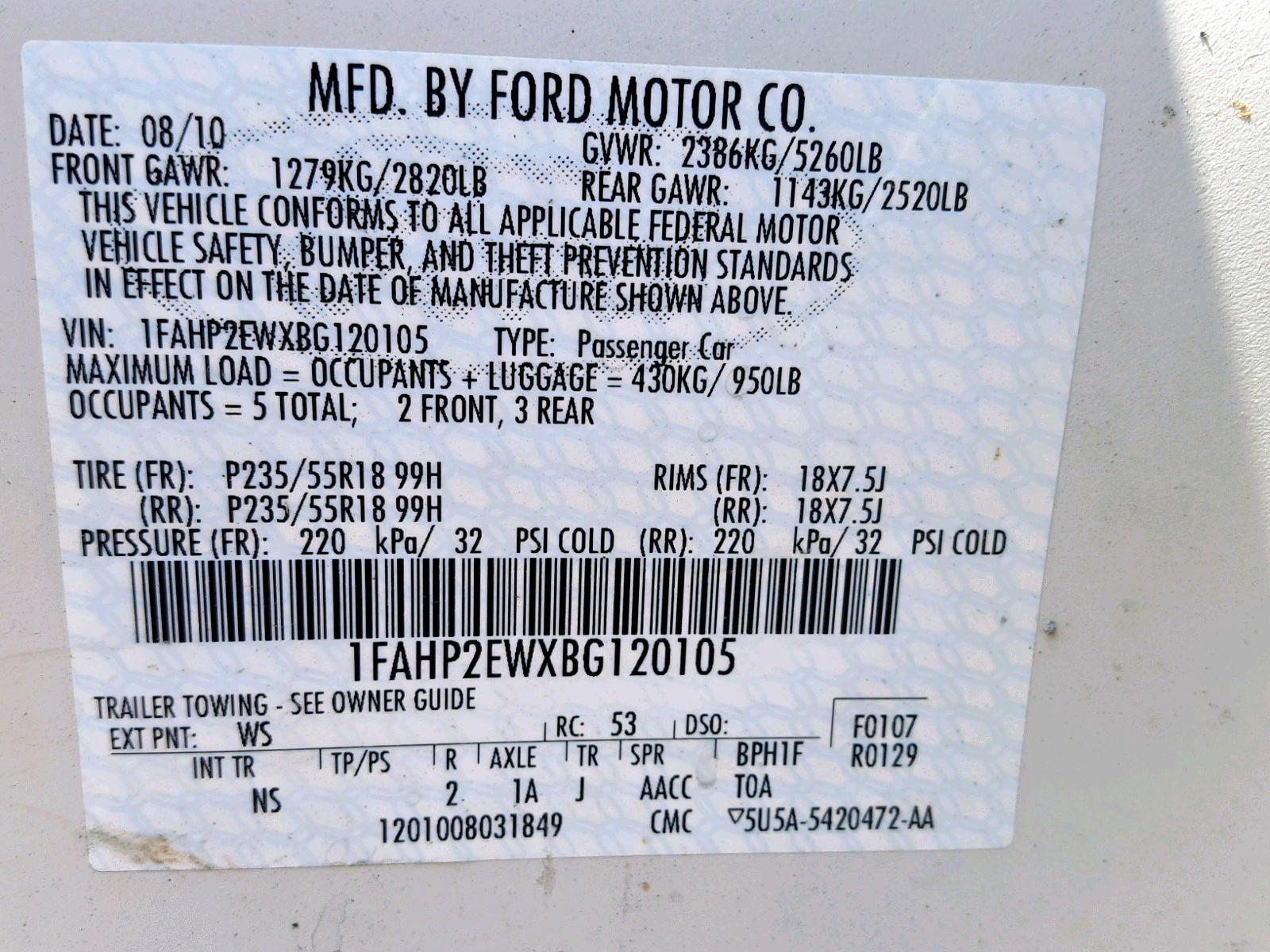 Photo 10 from auction – 2011 FORD TAURUS SEL with VIN 1FAHP2EWXBG120105