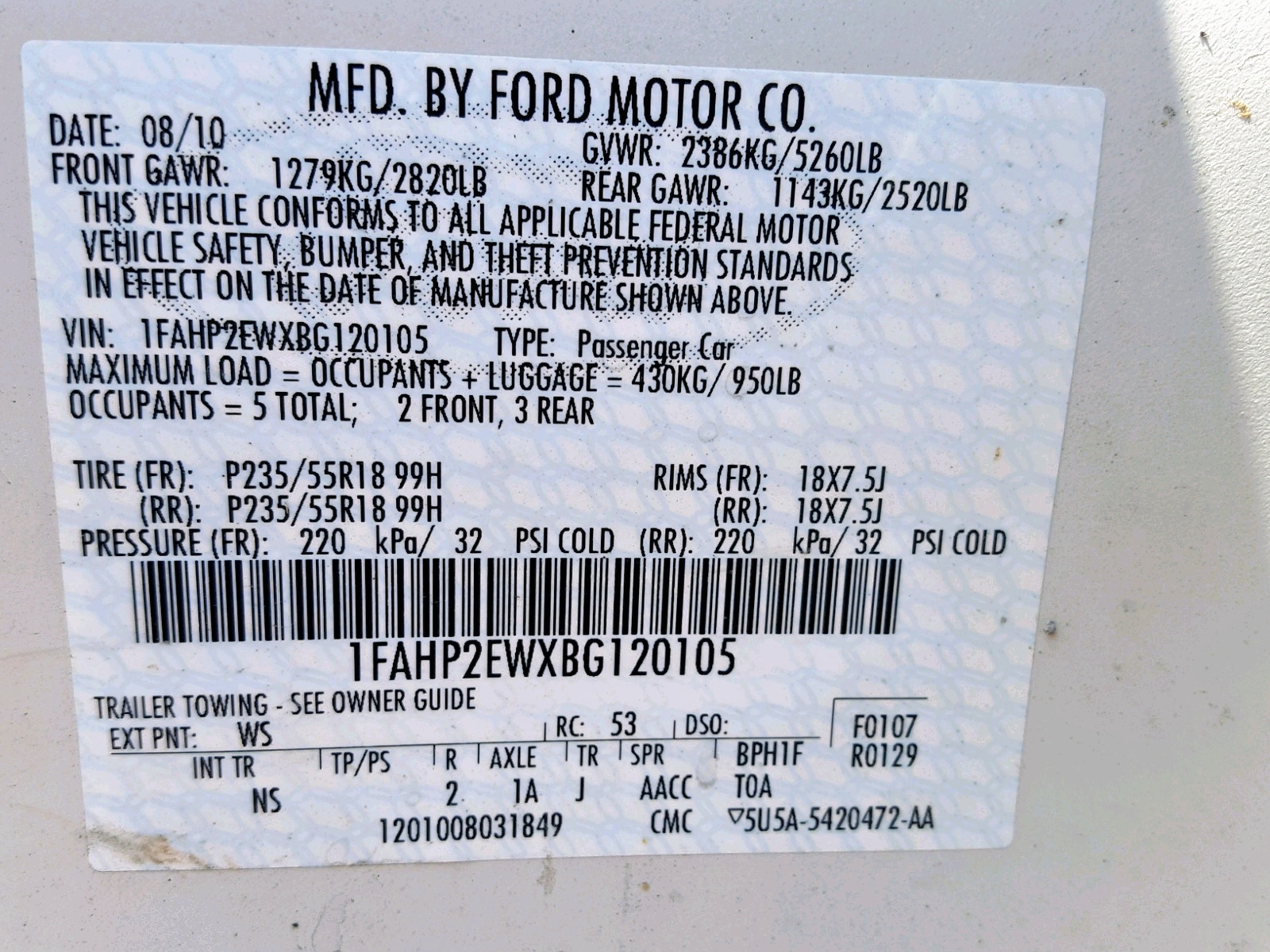 Foto 10 de la subasta – 2011 FORD TAURUS SEL con VIN 1FAHP2EWXBG120105