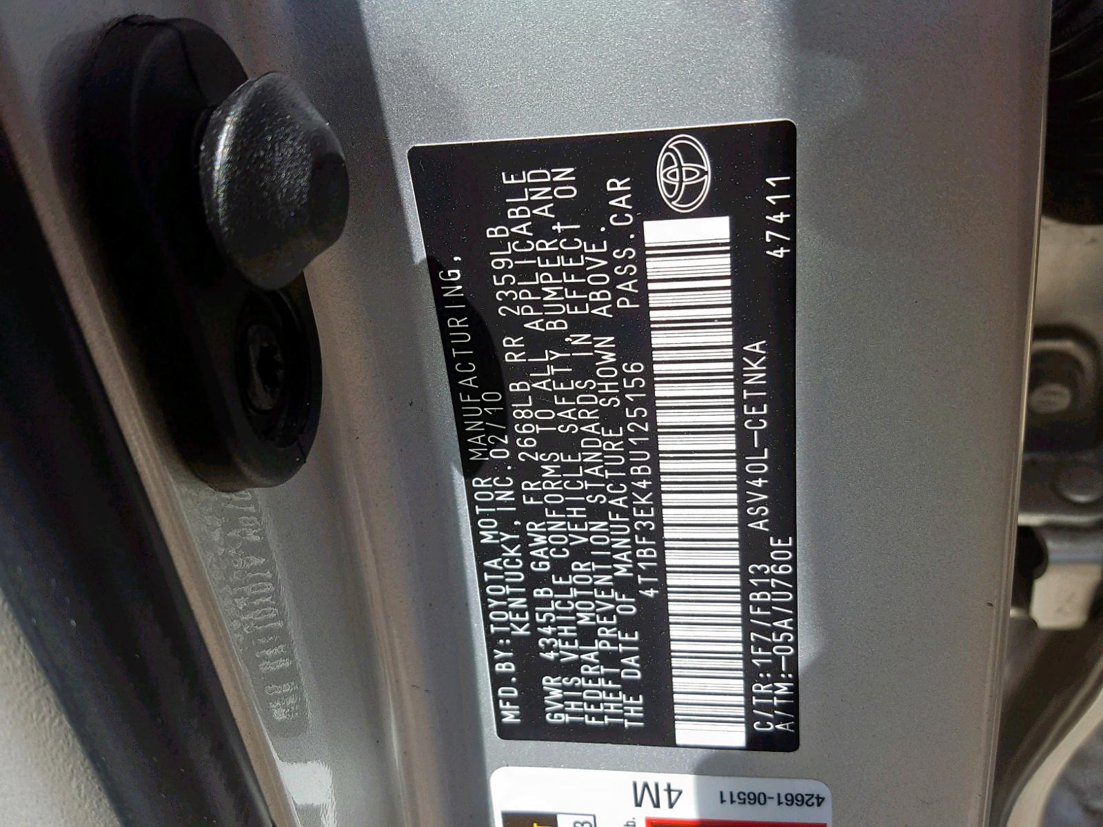 Photo 13 from auction – 2011 TOYOTA CAMRY BASE with VIN 4T1BF3EK4BU125156