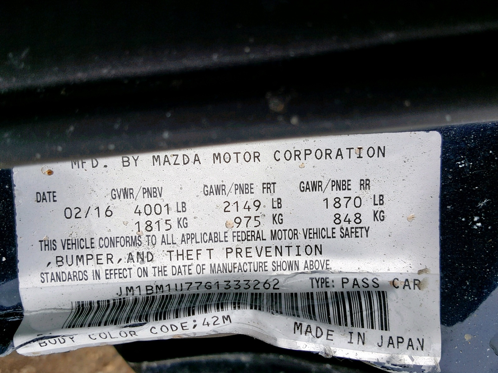 Photo 10 from auction – 2016 MAZDA 3 SPORT with VIN JM1BM1U77G1333262