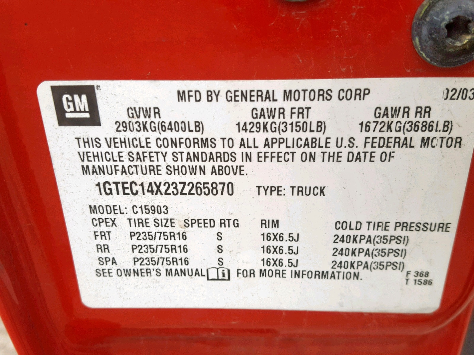 Photo 10 from auction – 2003 GMC NEW SIERRA with VIN 1GTEC14X23Z265870