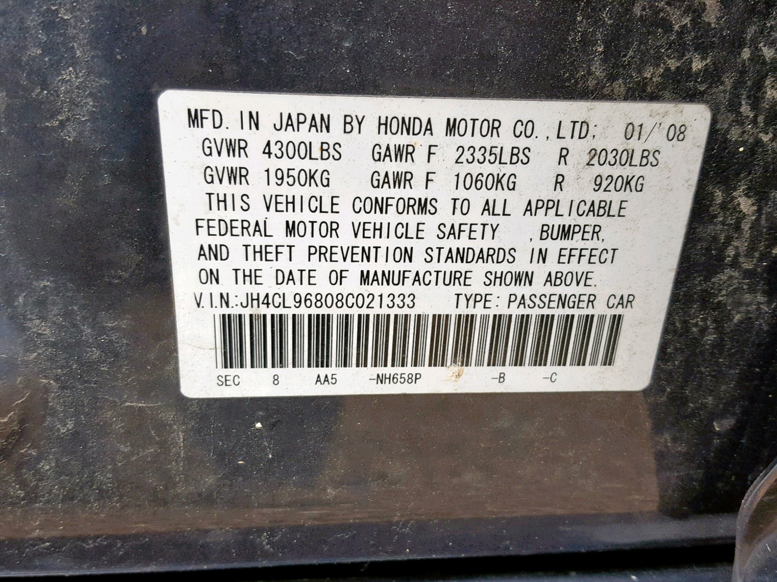 Photo 10 from auction – 2008 ACURA TSX with VIN JH4CL96808C021333