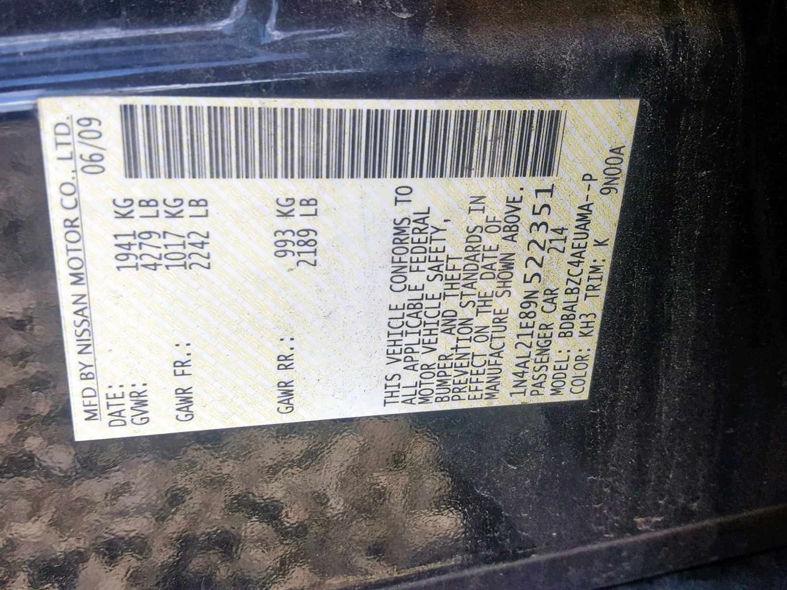 Photo 10 from auction – 2009 NISSAN ALTIMA 2.5 with VIN 1N4AL21E89N522351