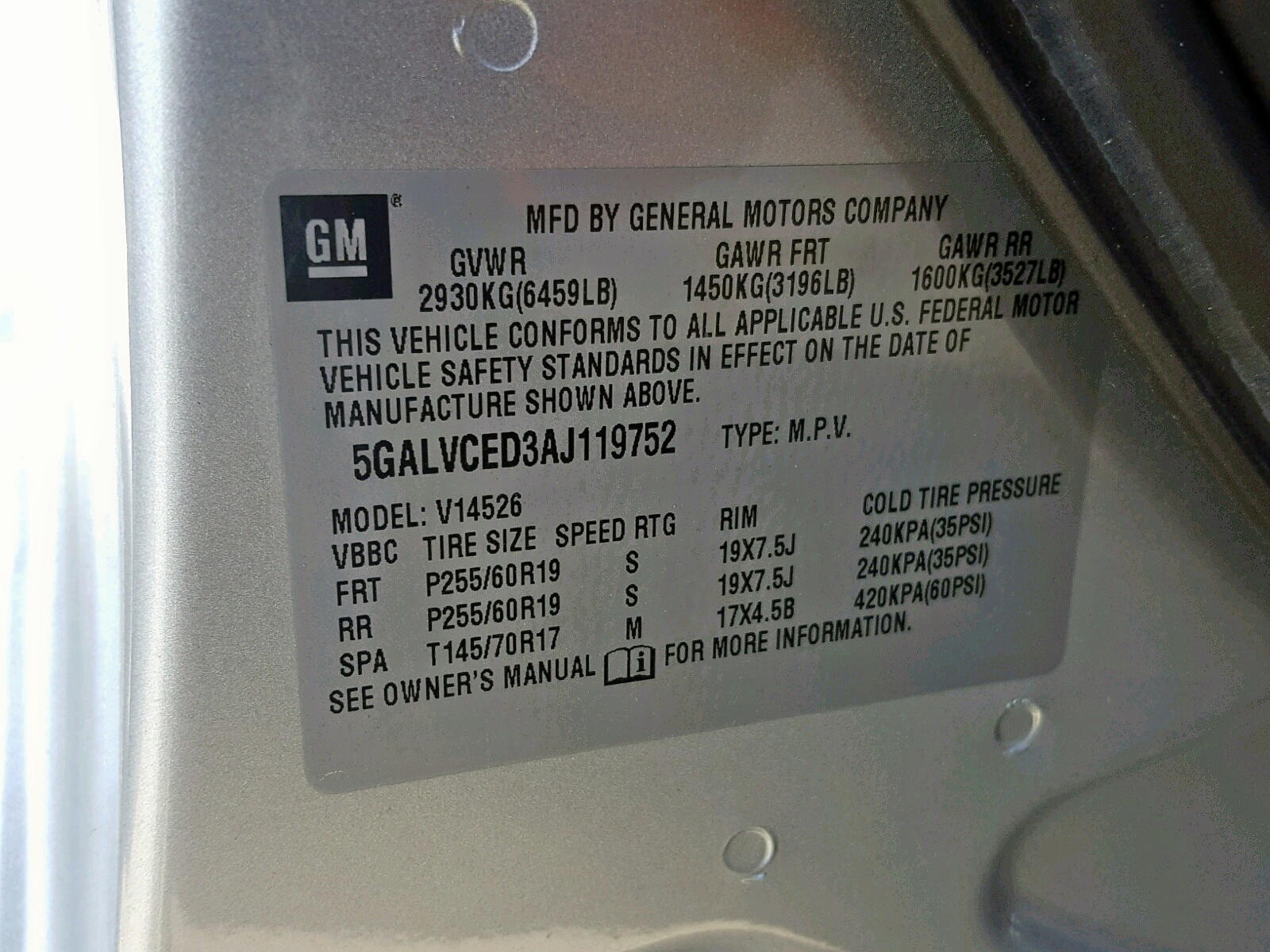 Photo 10 from auction – 2010 BUICK ENCLAVE CX with VIN 5GALVCED3AJ119752