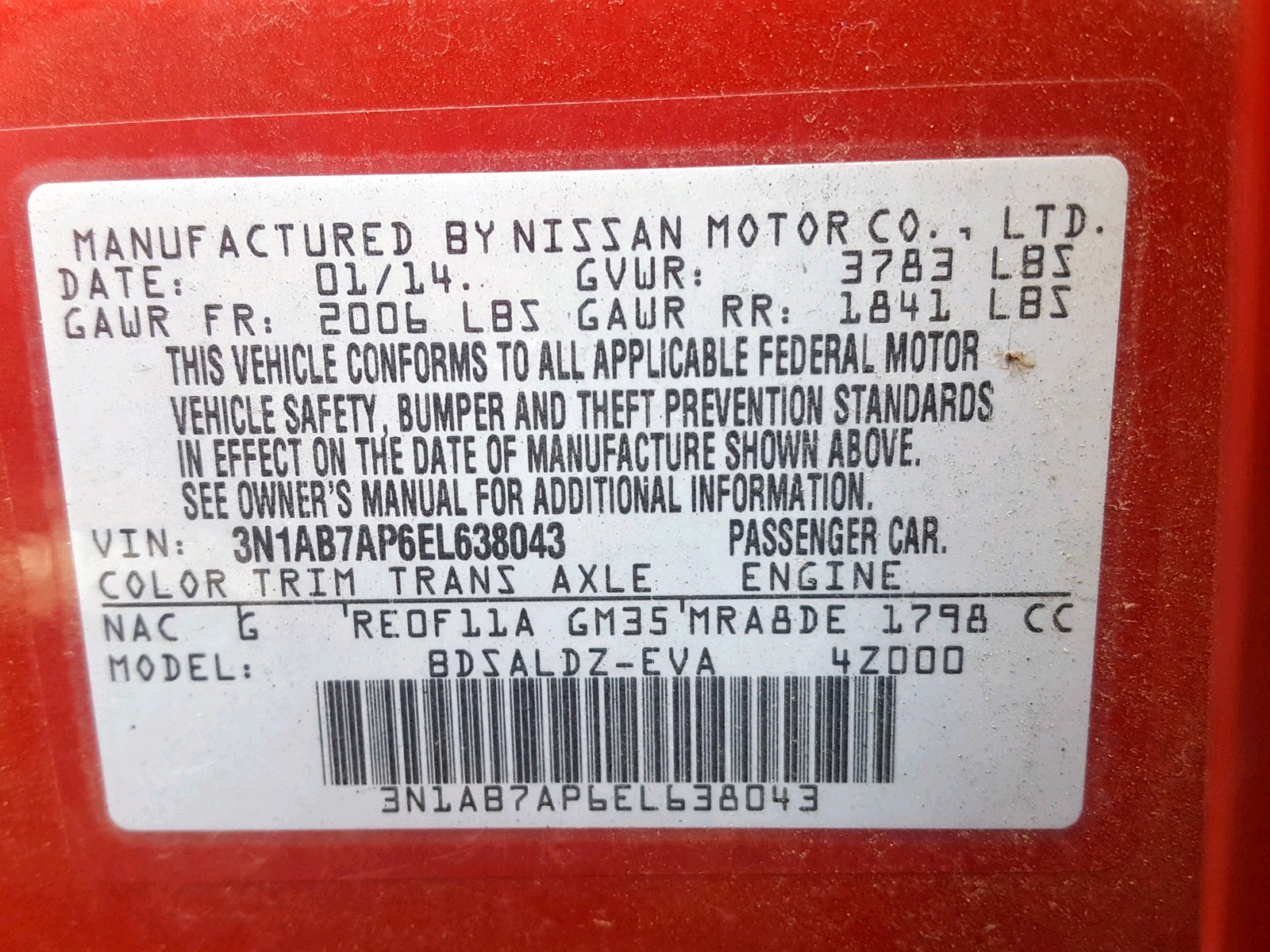 Photo 10 from auction – 2014 NISSAN SENTRA S with VIN 3N1AB7AP6EL638043