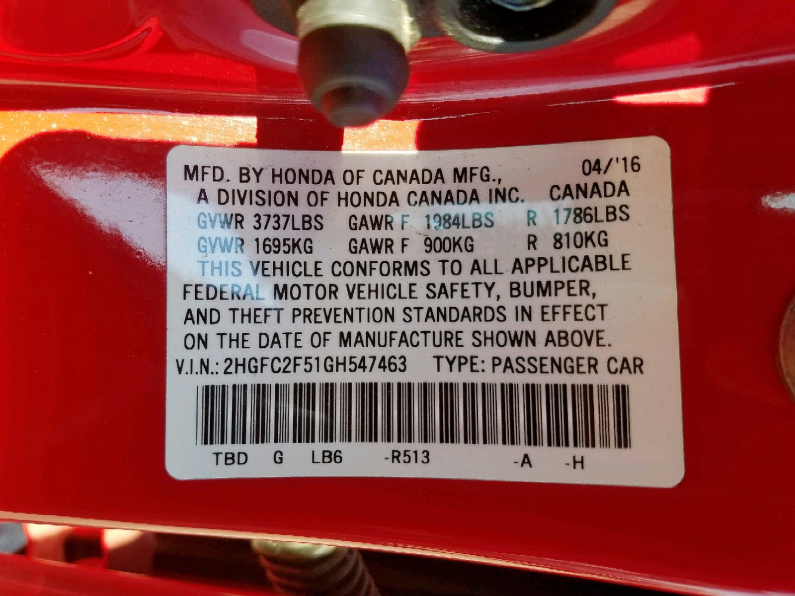 Photo 10 from auction – 2016 HONDA CIVIC LX with VIN 2HGFC2F51GH547463