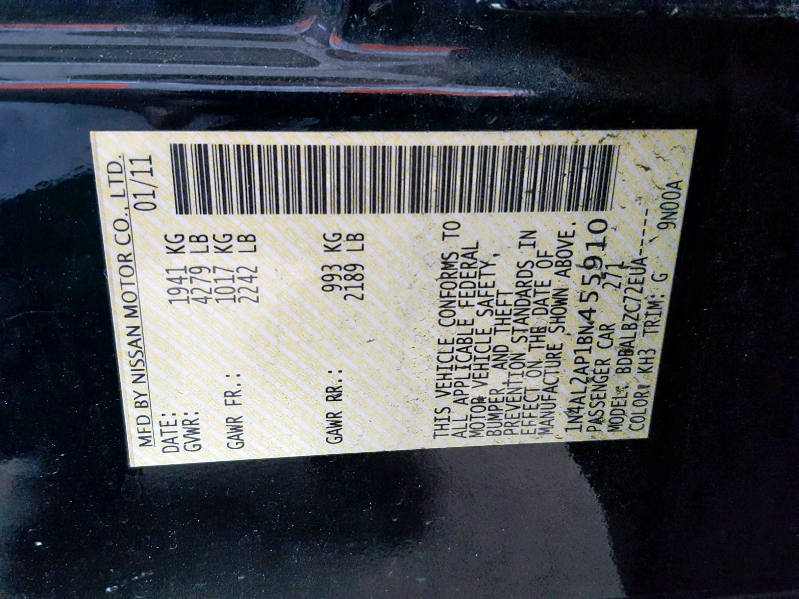 Photo 10 from auction – 2011 NISSAN ALTIMA BAS with VIN 1N4AL2AP1BN455910