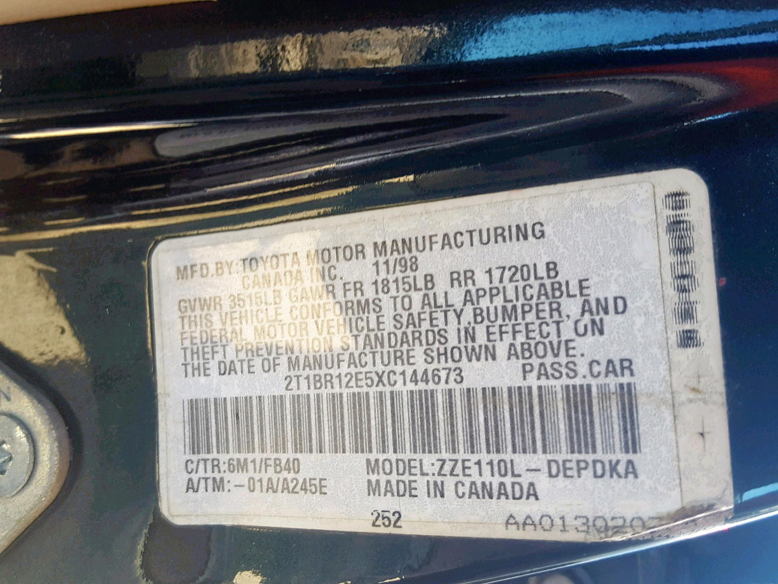 Photo 10 from auction – 1999 TOYOTA COROLLA VE with VIN 2T1BR12E5XC144673